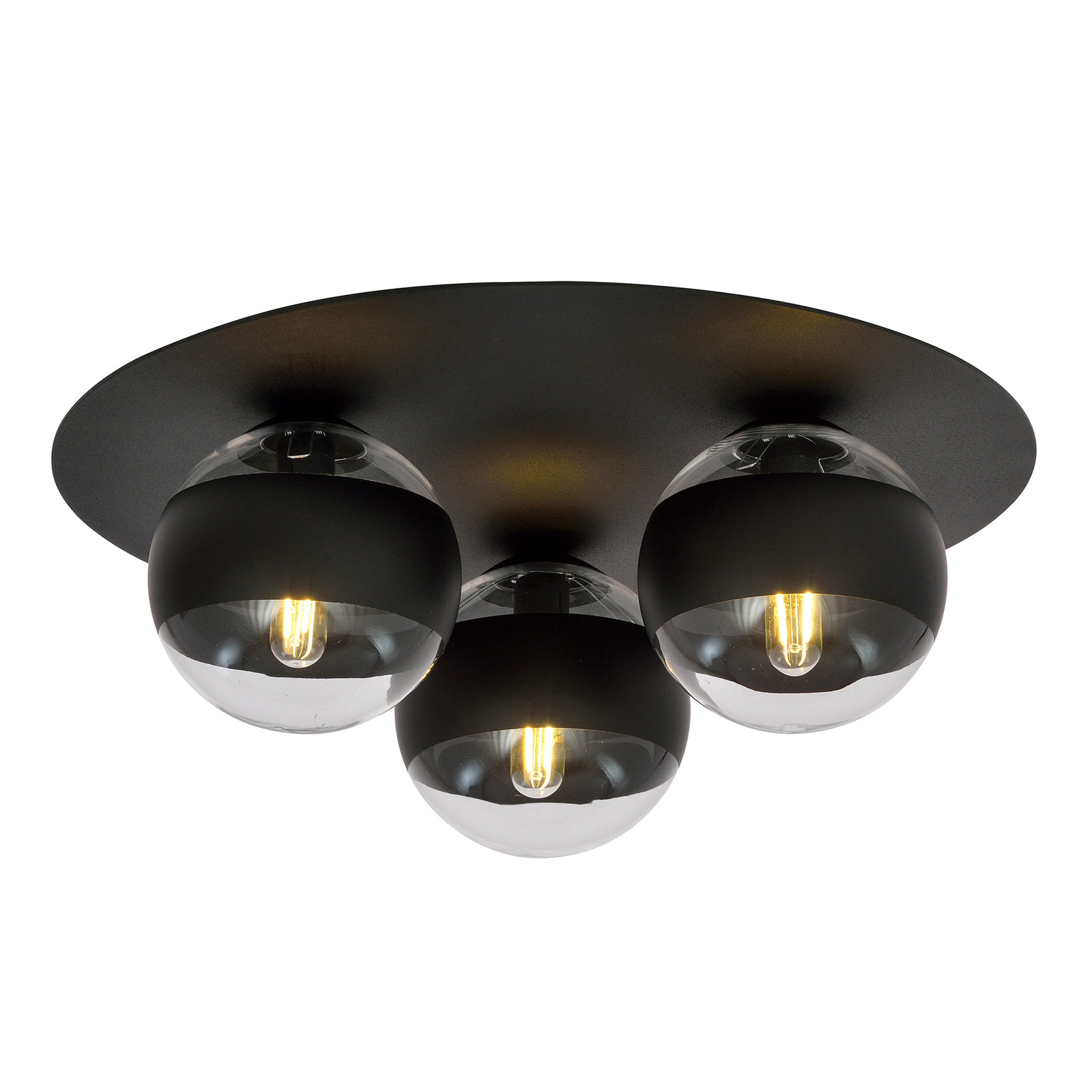Kenzo ceiling light, round, black/clear, 3-bulb