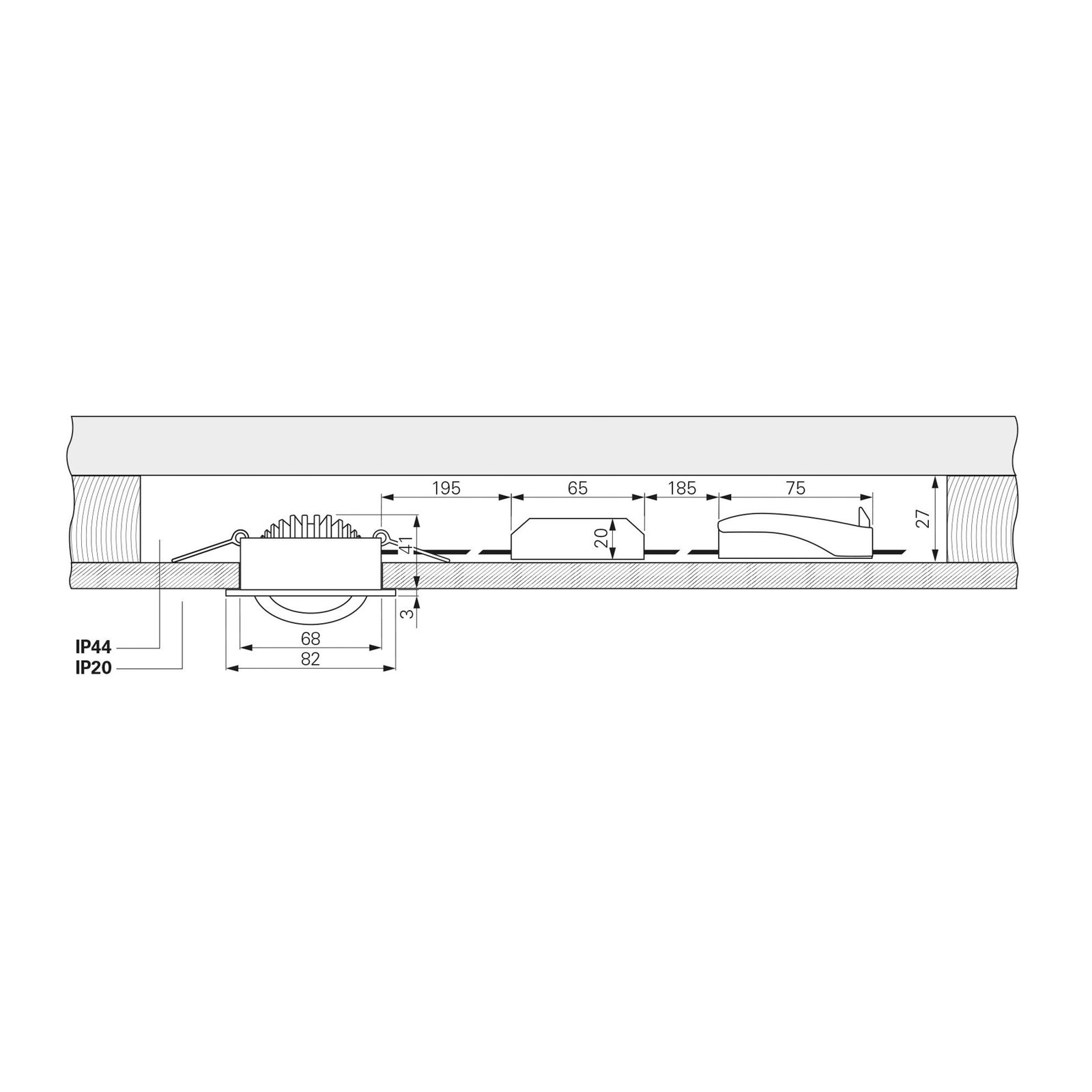 Innfelt taklampe Dione, IP44, 4000 K, nikkel, dimbar