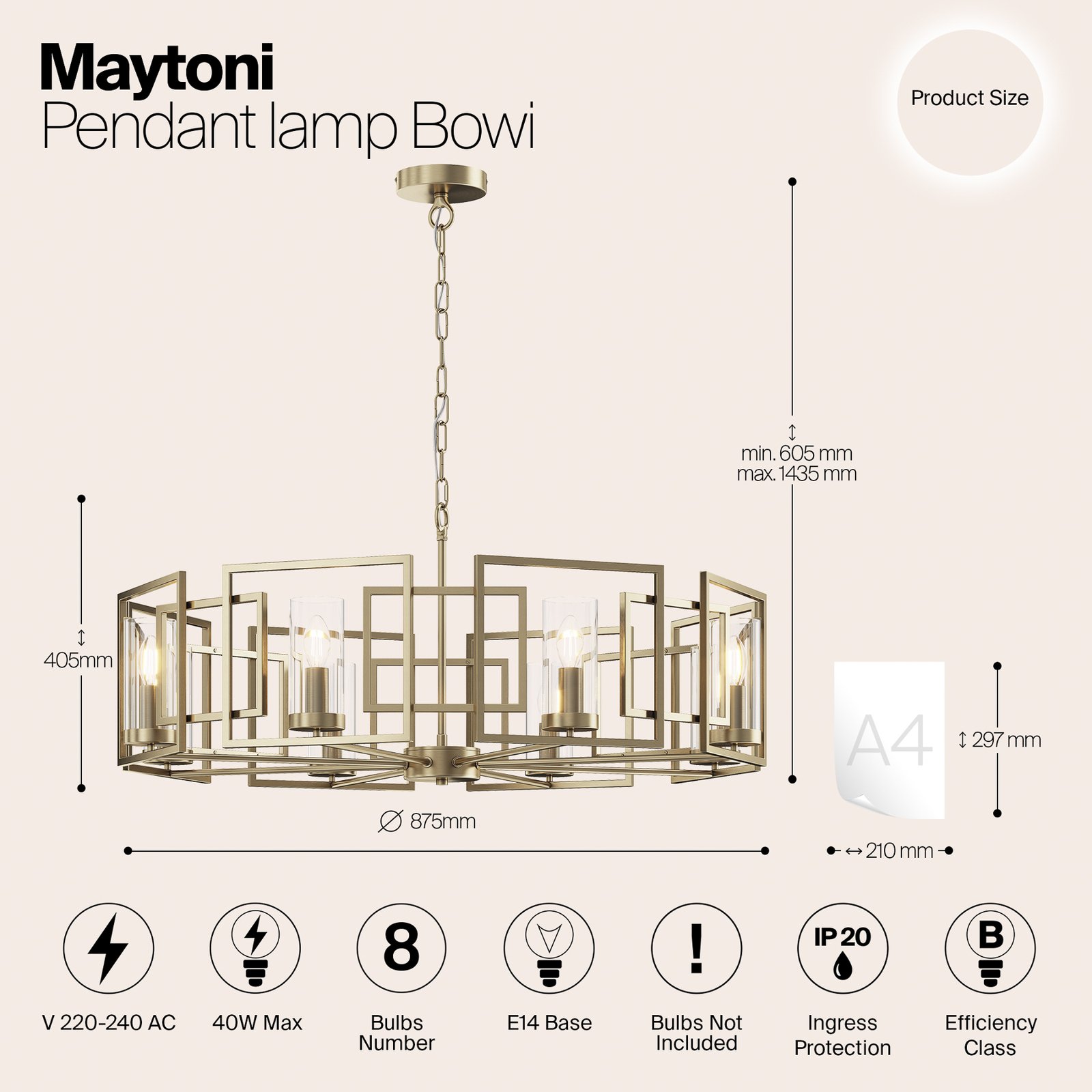 Candeeiro suspenso Maytoni Bowi, Ø 87,5 cm, cor de ouro, 8 x E14