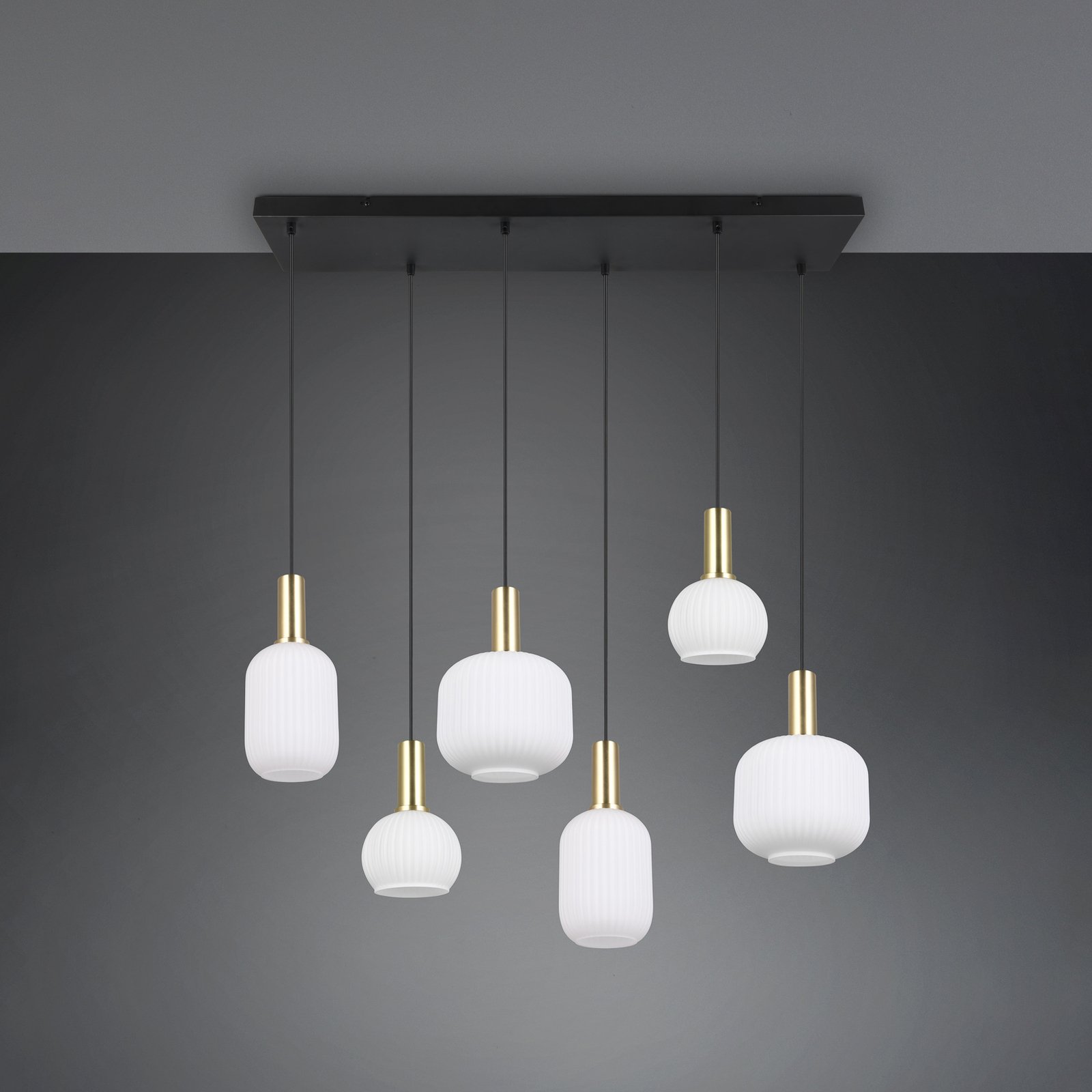 Suspension Diva, 6 lampes, laiton, opale, métal, verre