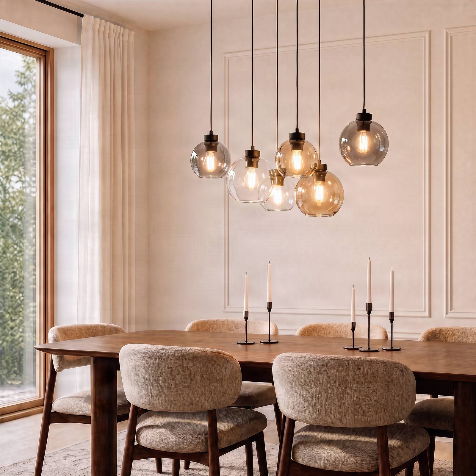 TK Lighting Cubus hanglamp, 74 cm, 6-lamps, helder/honing/bruin, glas