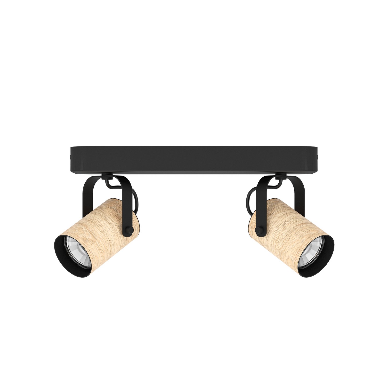 Projetor de teto Cayuca, decoração em preto/madeira, duas lâmpadas