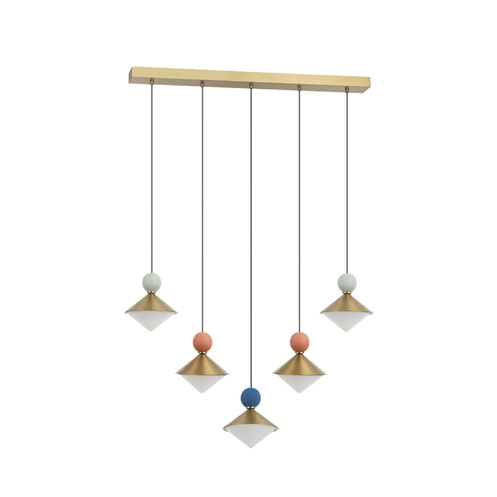 LED hanglamp 25103 messing/gekleurd, 5-lamps. Metaal/glas/keramiek