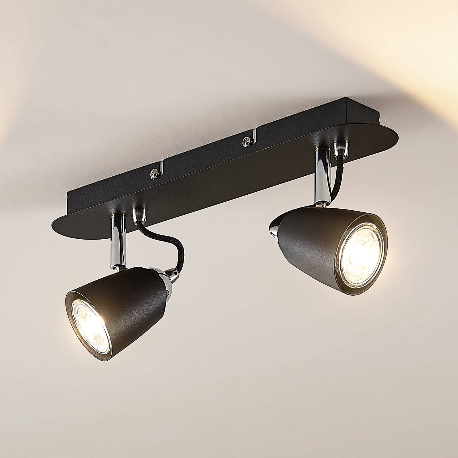 Lindby Noria downlight, black, two-bulb, for Hallway, iron, GU10, 5 W, L: 35 cm, W: 6.5 cm, H: 14.5 cm