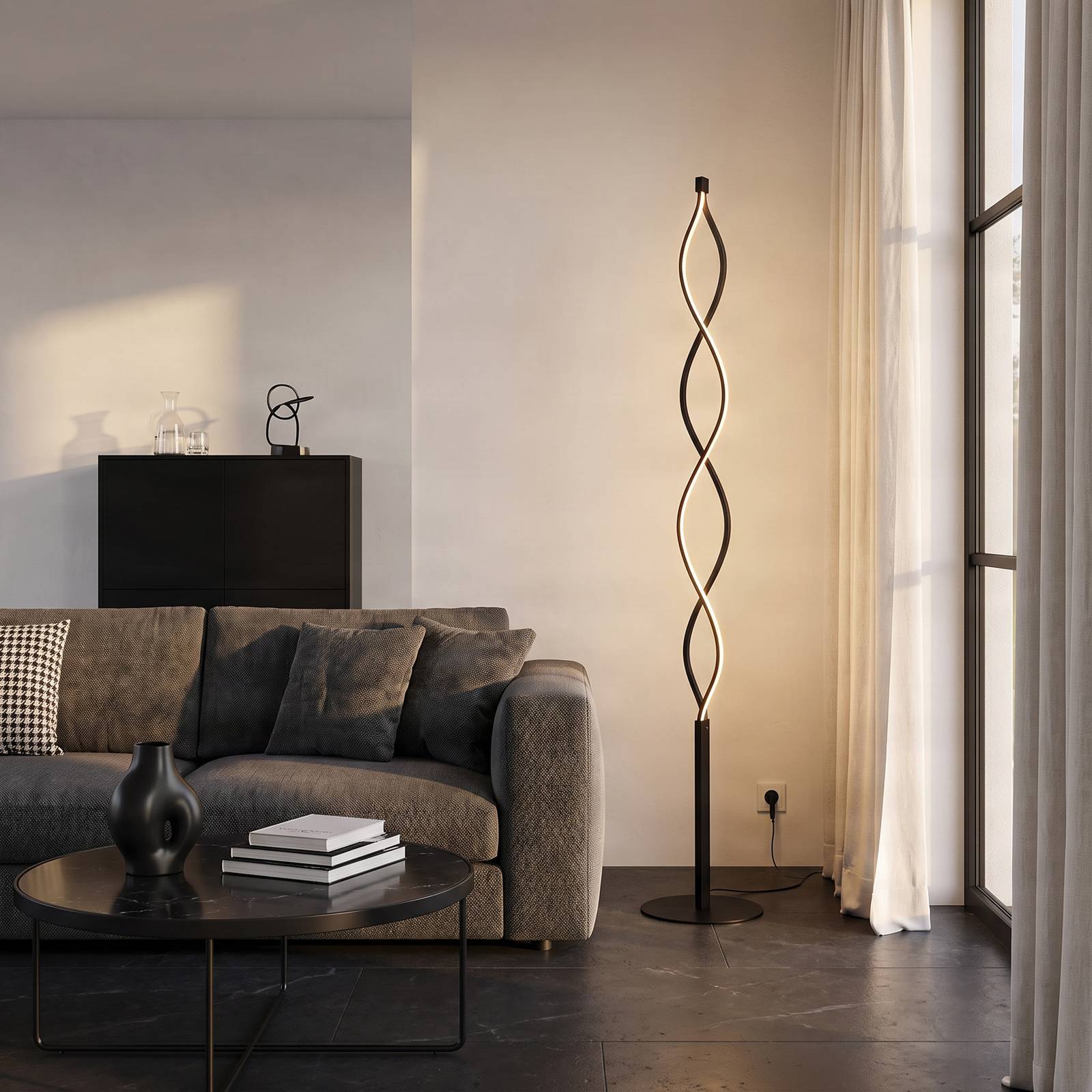 Lindby LED vloerlamp Welina, zwart, 150 cm, dimbaar