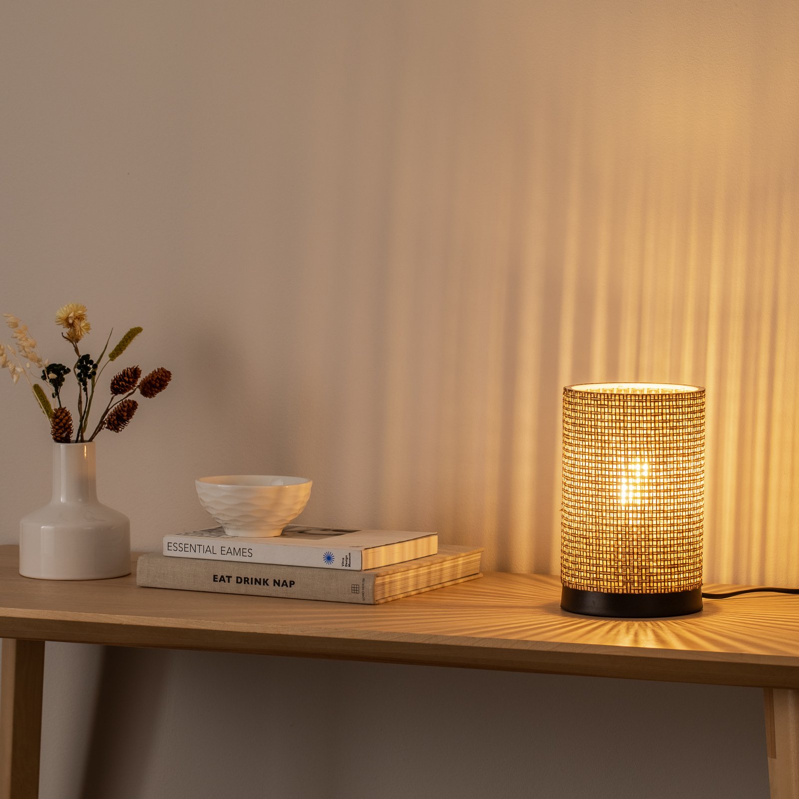 Stolová lampa Tina, hnedá vzorovaná, valcovitá, Ø 14 cm