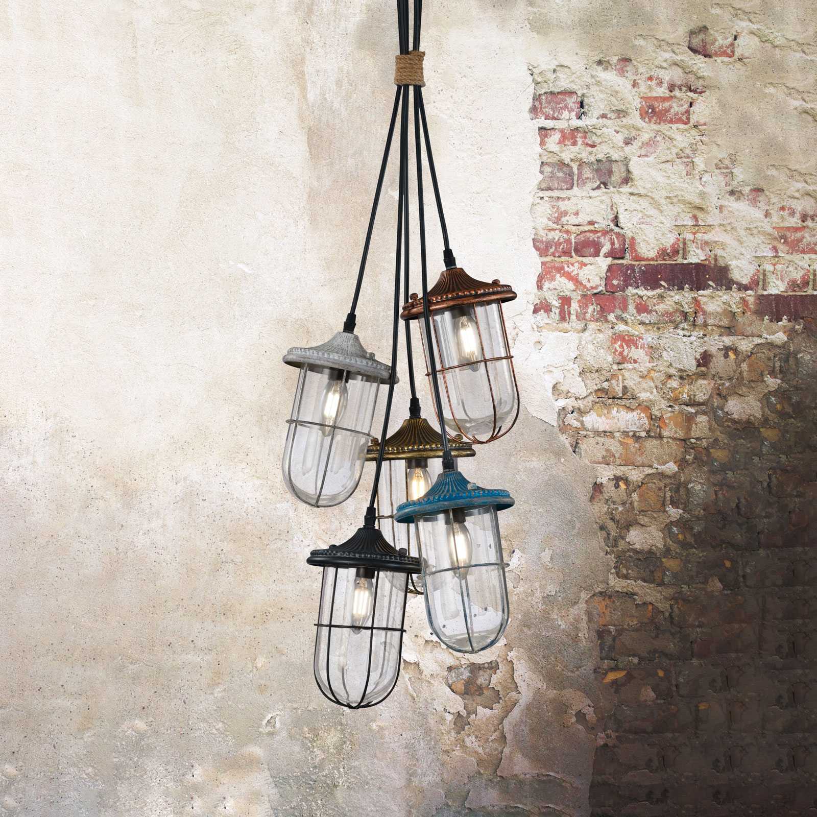 Trio Lighting Birte - stilig pendellampe 5pkt. - dimbar - vintage takpendel Stue / spisestue - metall, glass