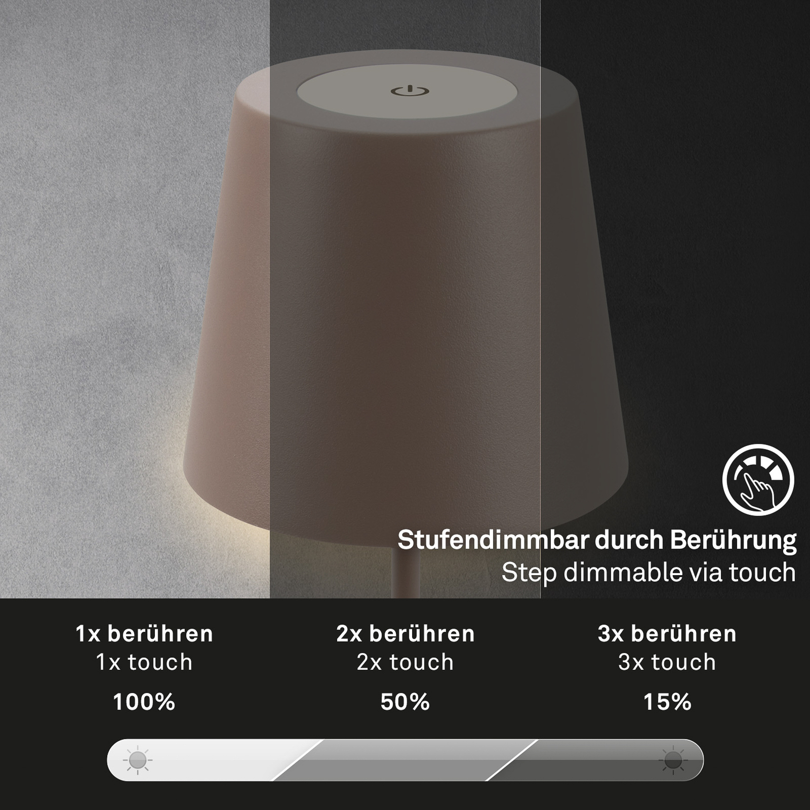 LED-bordlampe 7508012, brun, 2700 K IP44 berøringsdimmer