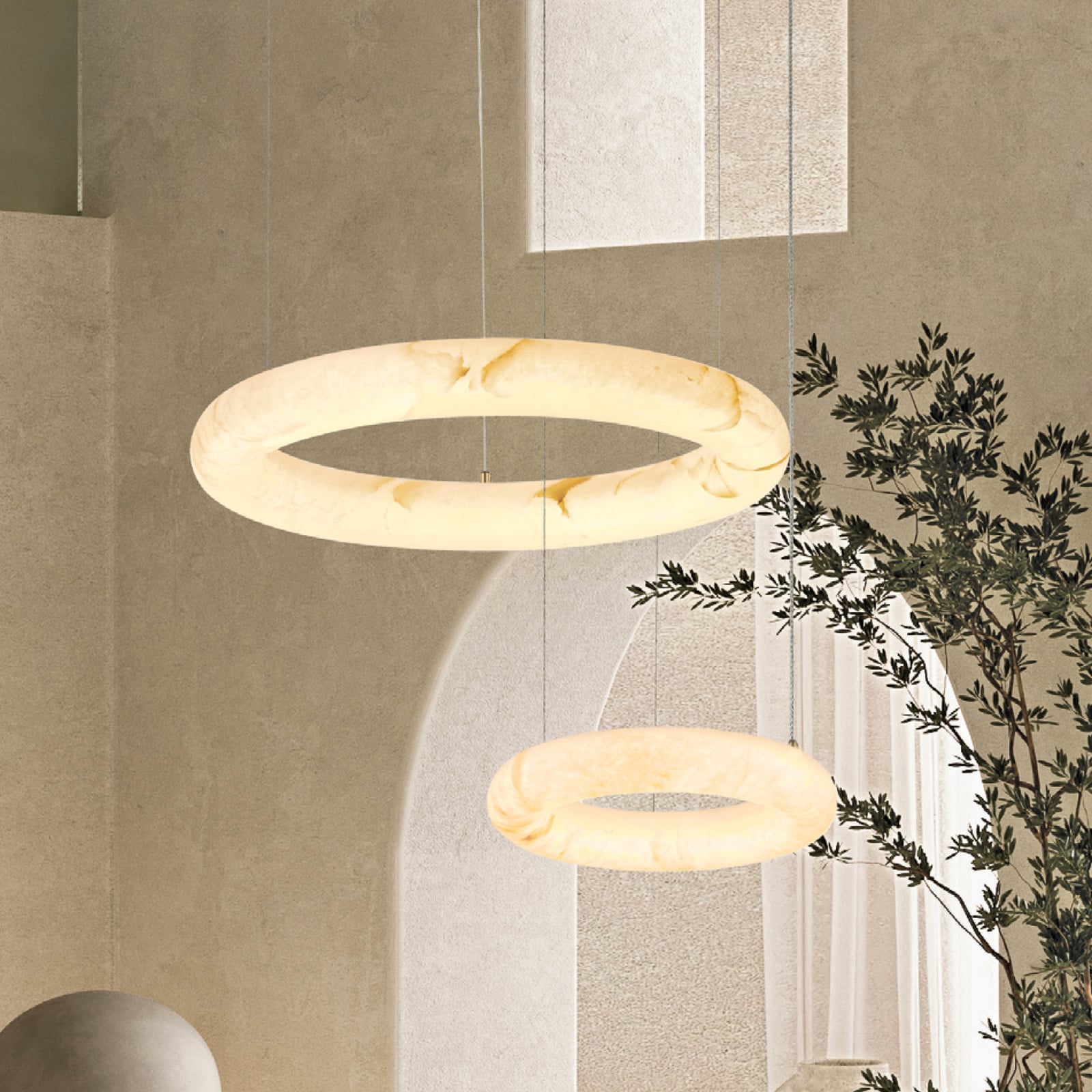 LED-hengelampe 2542, hvit, Ø 34 cm, alabast, dimbar