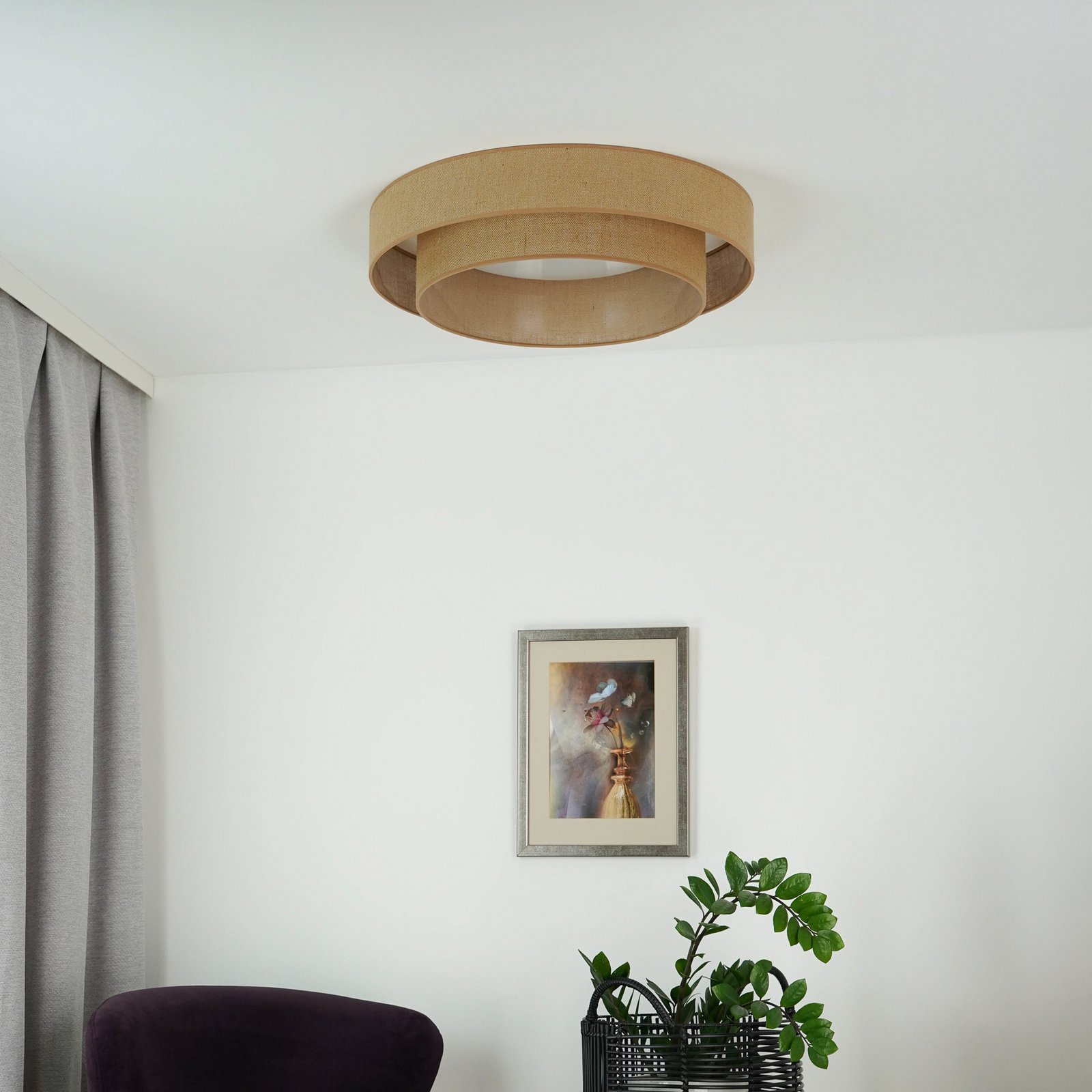 LED griestu gaisma Luneta, džuta, brūna, Ø 60 cm, 3 pakāpju dim