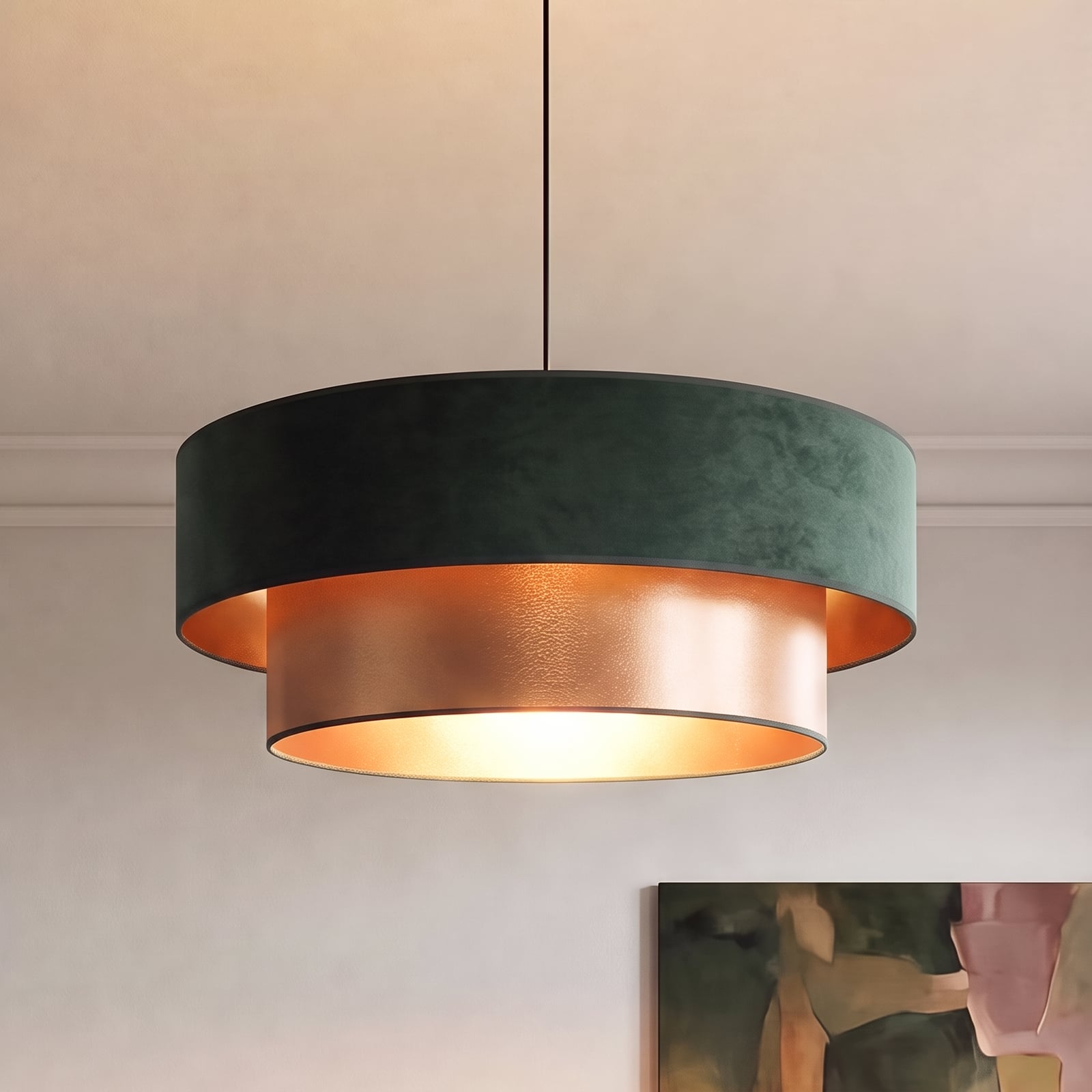 Lampada a sospensione Dorina, verde/oro, Ø 60 cm, tessuto, E27 - Duolla Lampada a sospensione Dorina, verde/oro, Ø 60 cm, tessuto, E27 - Duolla