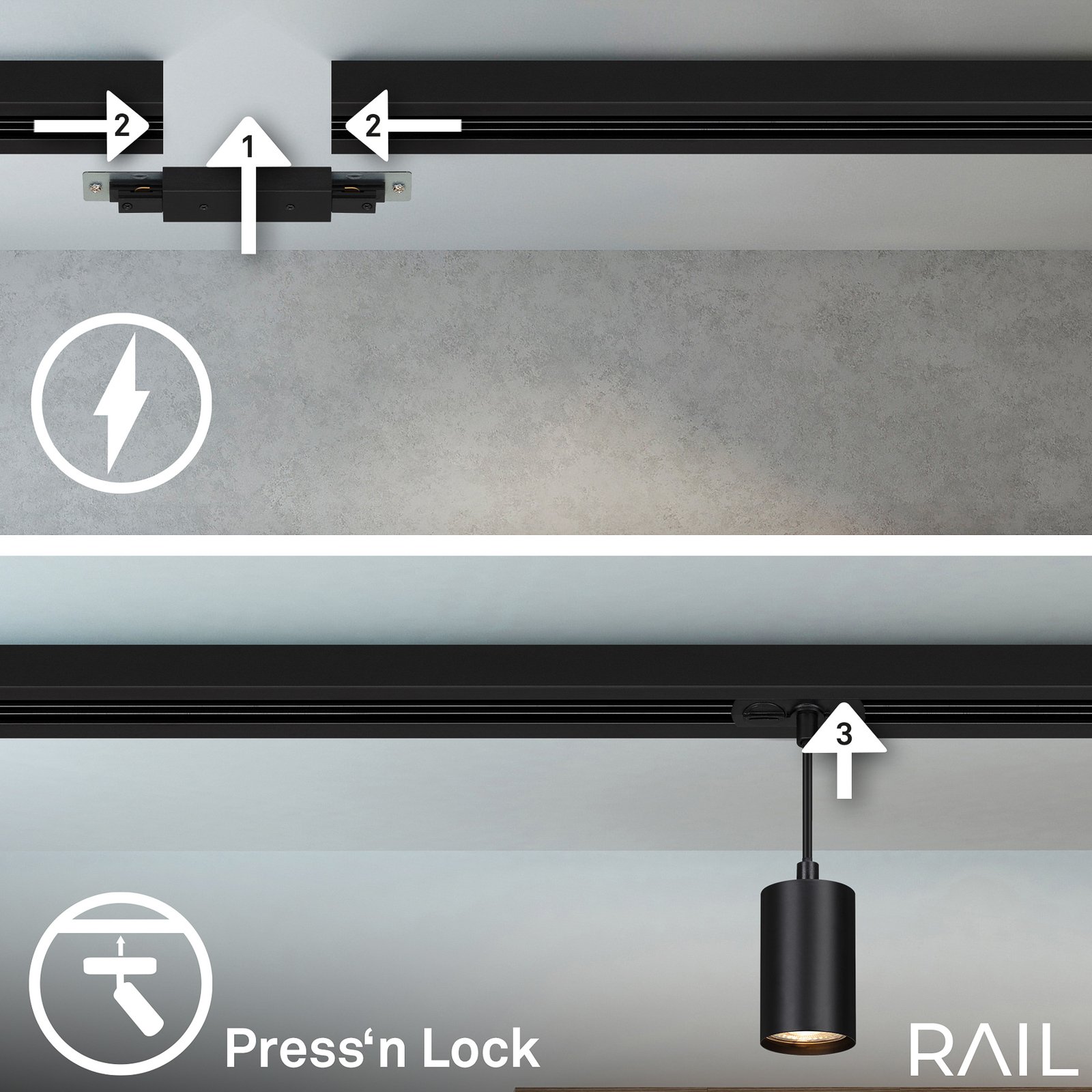 Sistema de riel de alta tensión Rail, colgante, negro, 4 luces, longitud