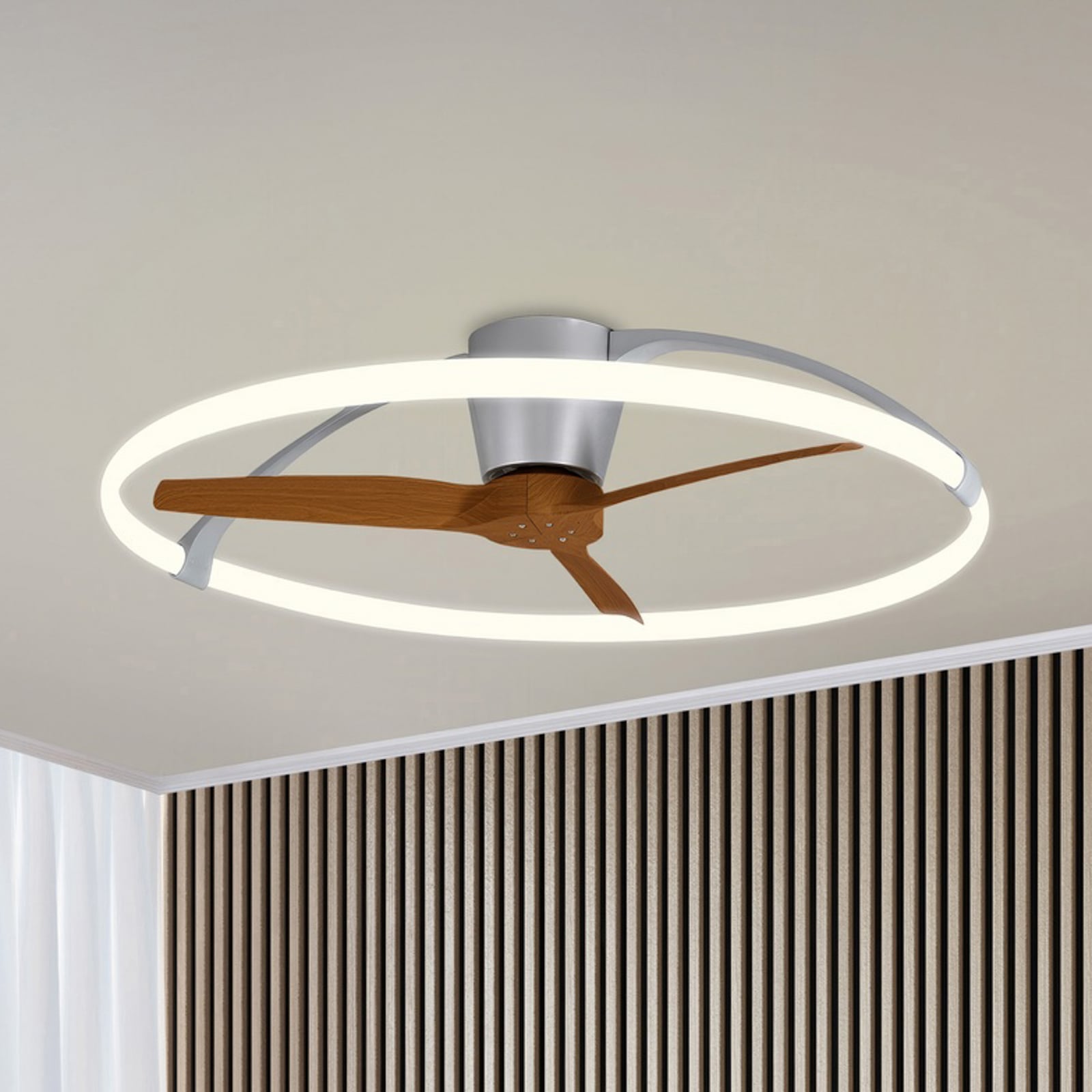 Smart LED plafondventilator Nepal, zilver/notenhout, DC, stil