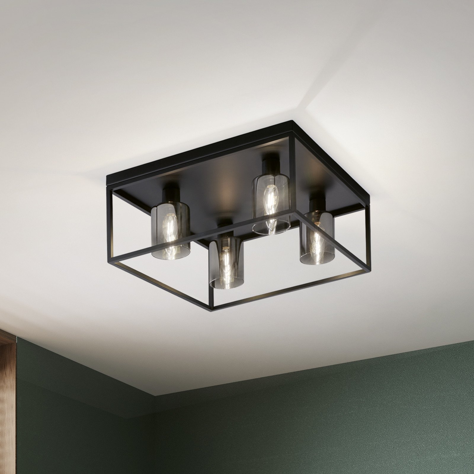 FISCHER & HONSEL Plafonieră Iska cu ramă 4 becuri - Camera de zi / sufragerie - negru-nisip gri fumuriu transparent - Metal