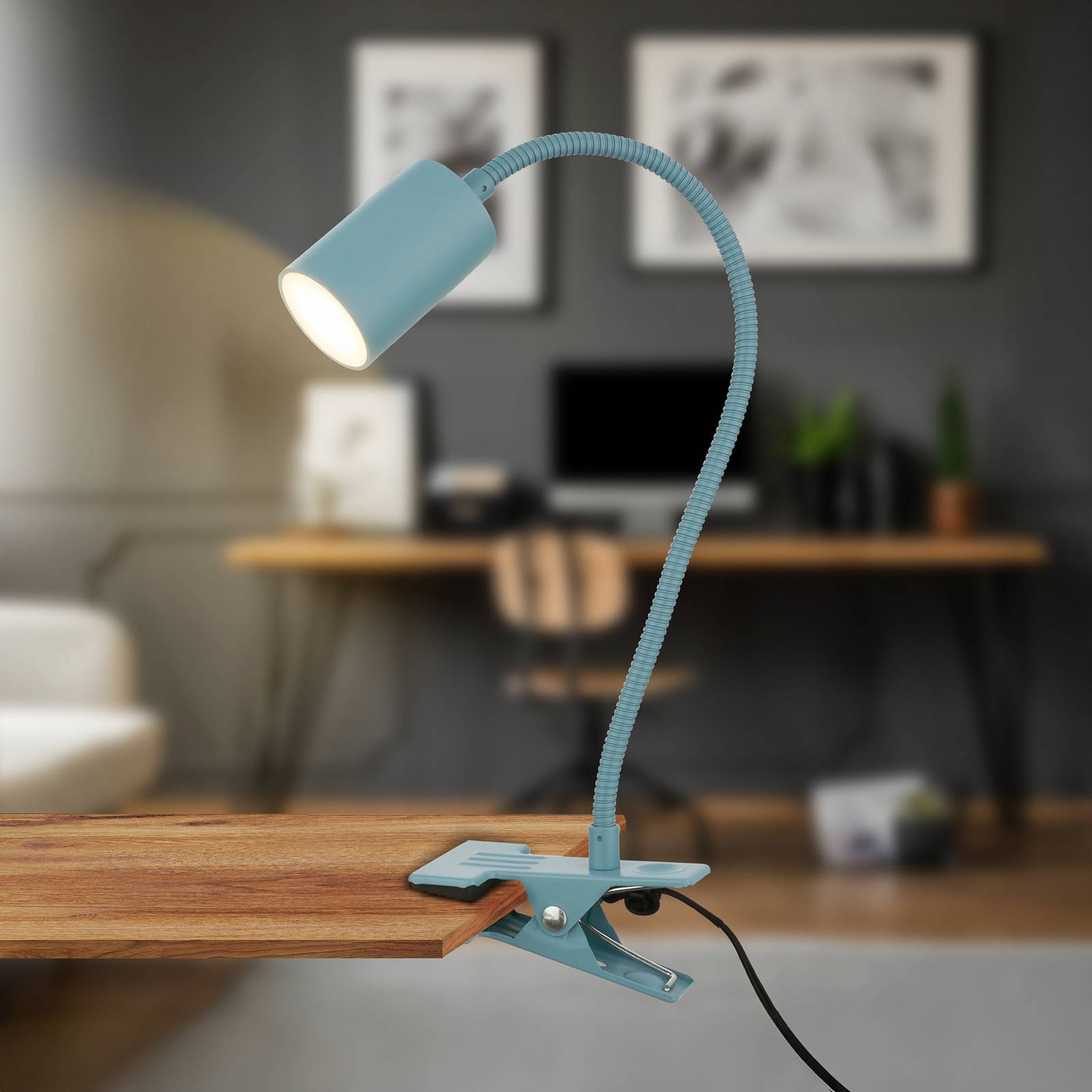 Briloner Lampe à pince LED Fleks, bleu pigeon, flexible, métal