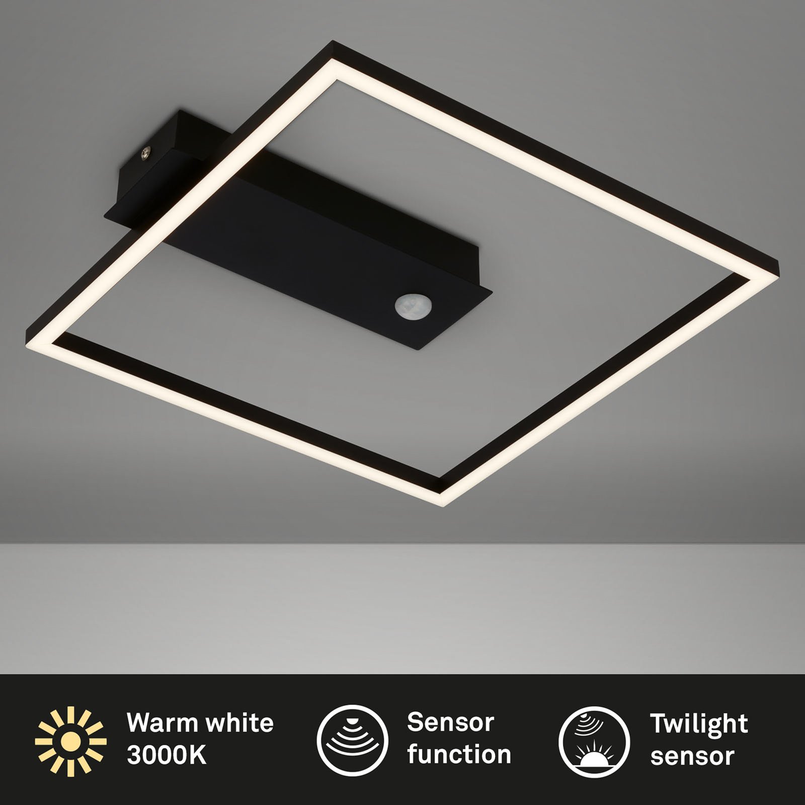 LED stropní světlo Nici, senzor, čtvercové, černá