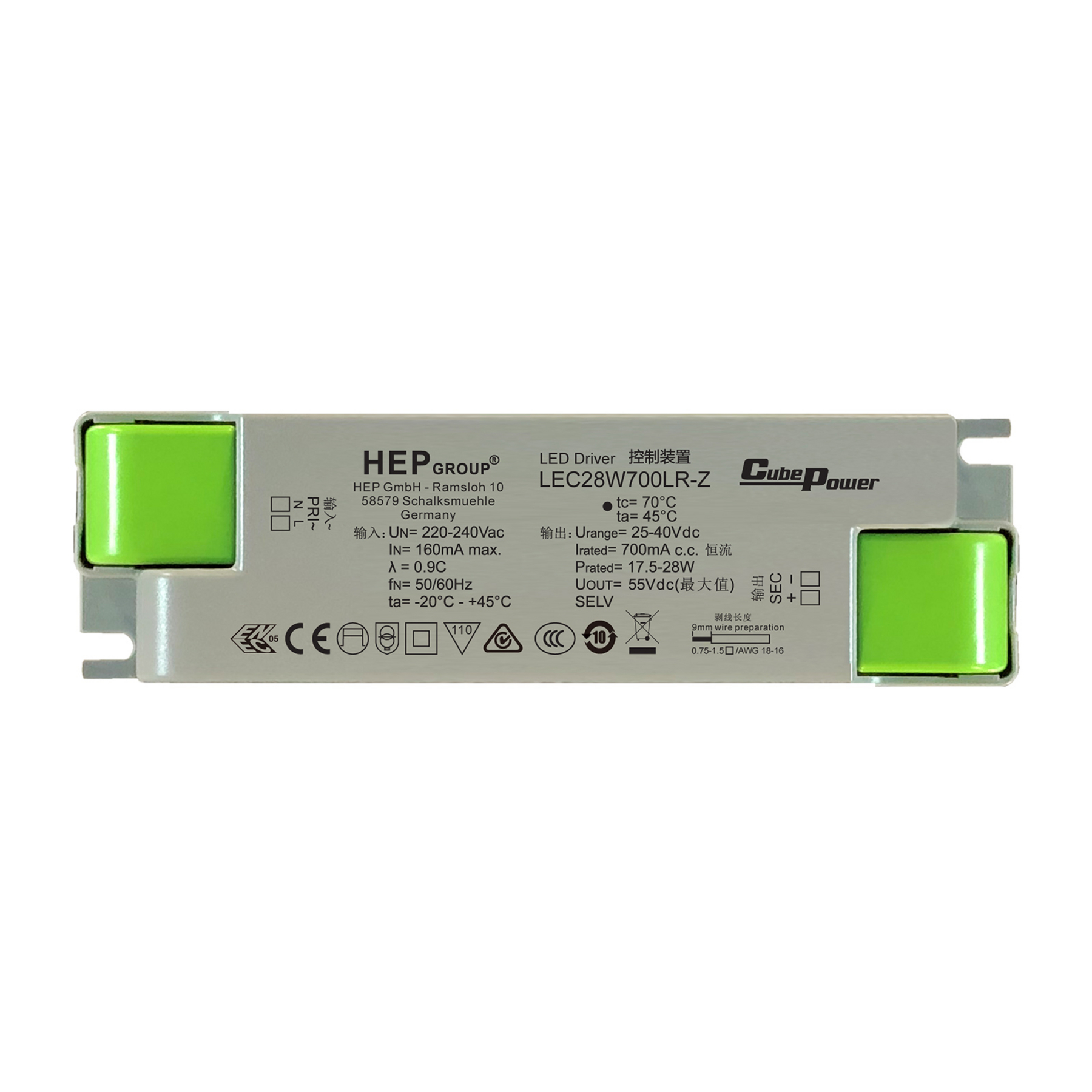 HEP LED driver LEC, 28 W, 700 mA, CC, plastic, L: 14.5 cm, W: 4 cm, H: 3 cm