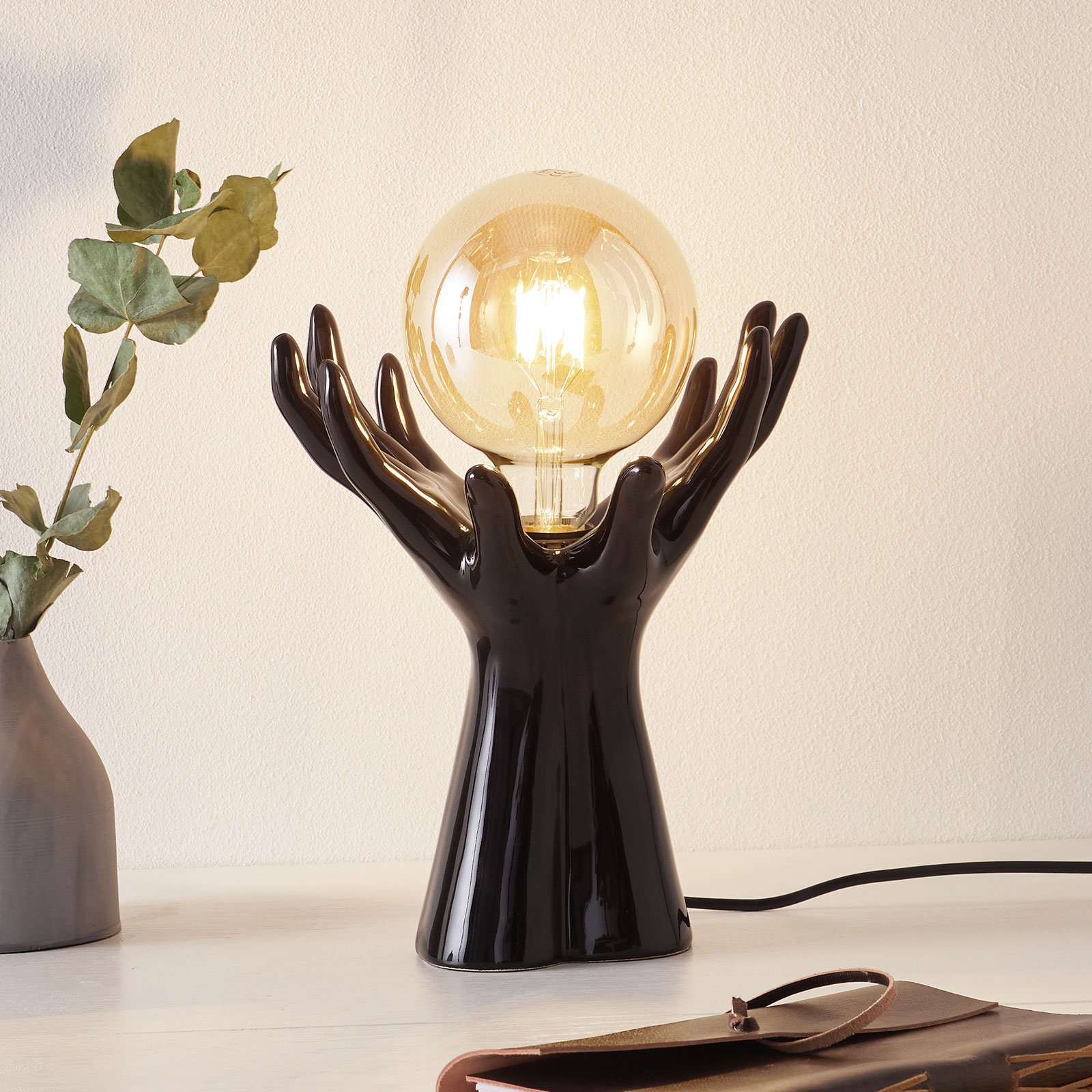 Eurokeramic L183 NR ceramic table lamp, glossy black, for Living / Dining Room, ceramic, E27, 60 W, energy efficiency: A++, H: 27 cm