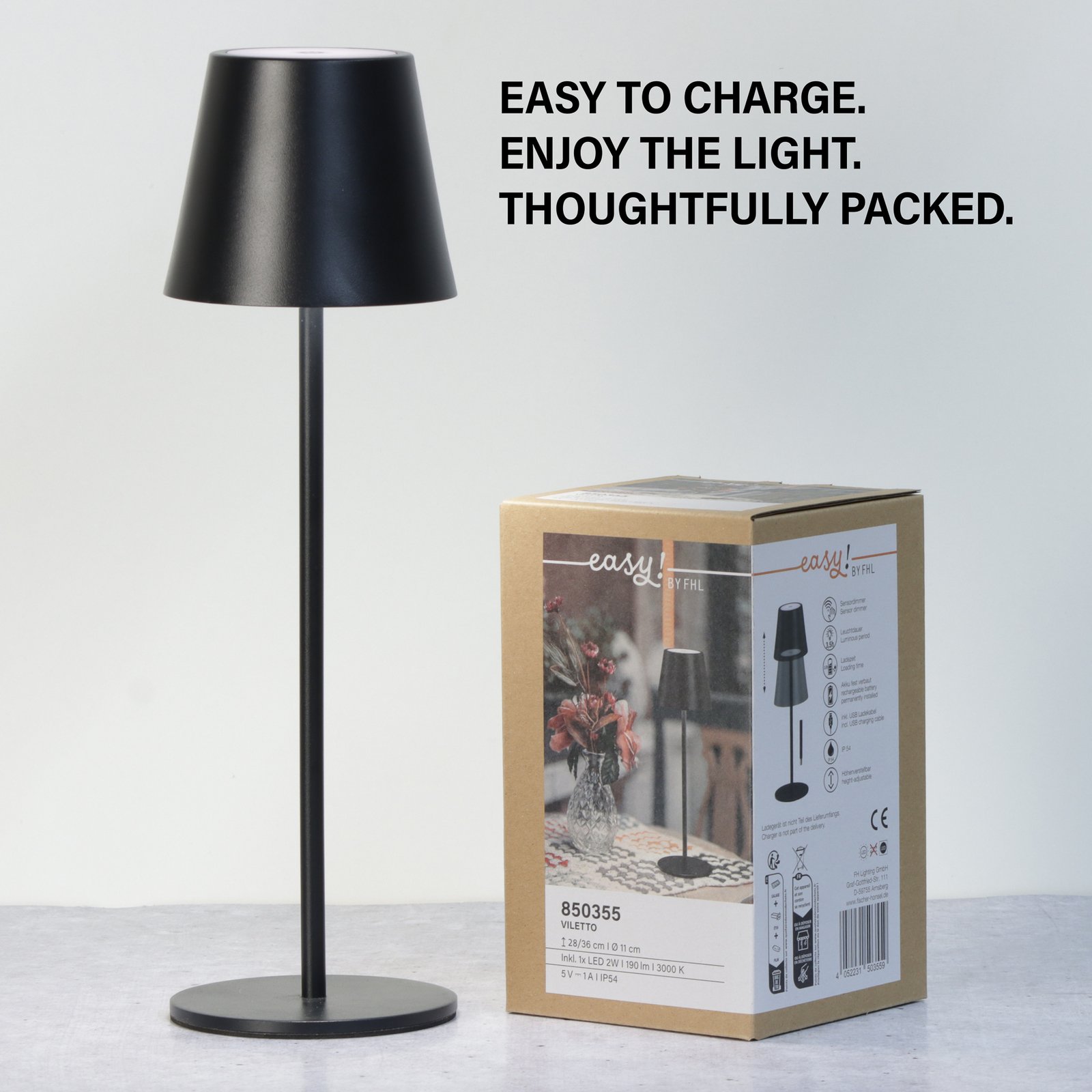 Lampe à poser LED rechargeable Viletto, noir, IP54