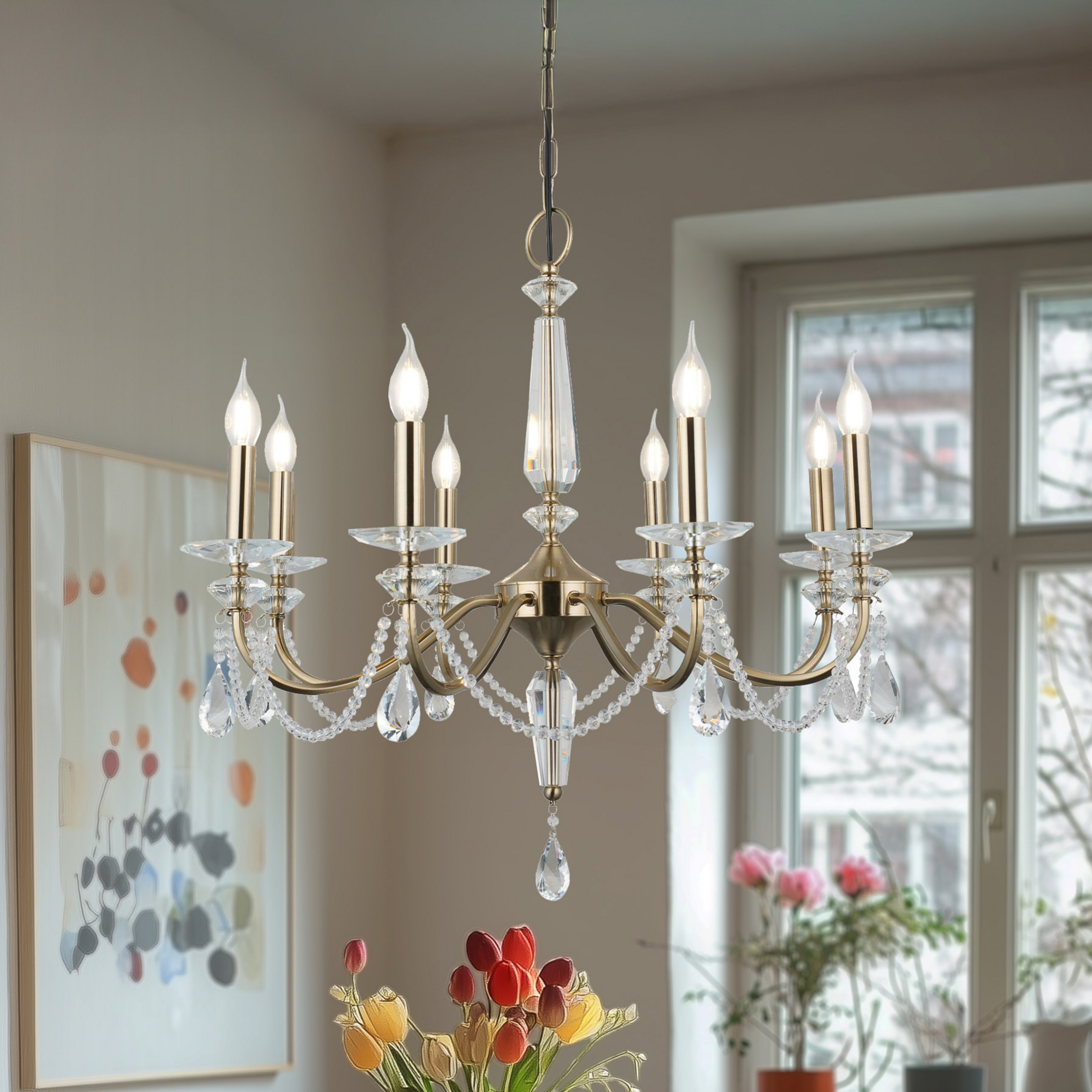 Lustre Adone, redondo, 8 lâmpadas, latão, vidro cristal