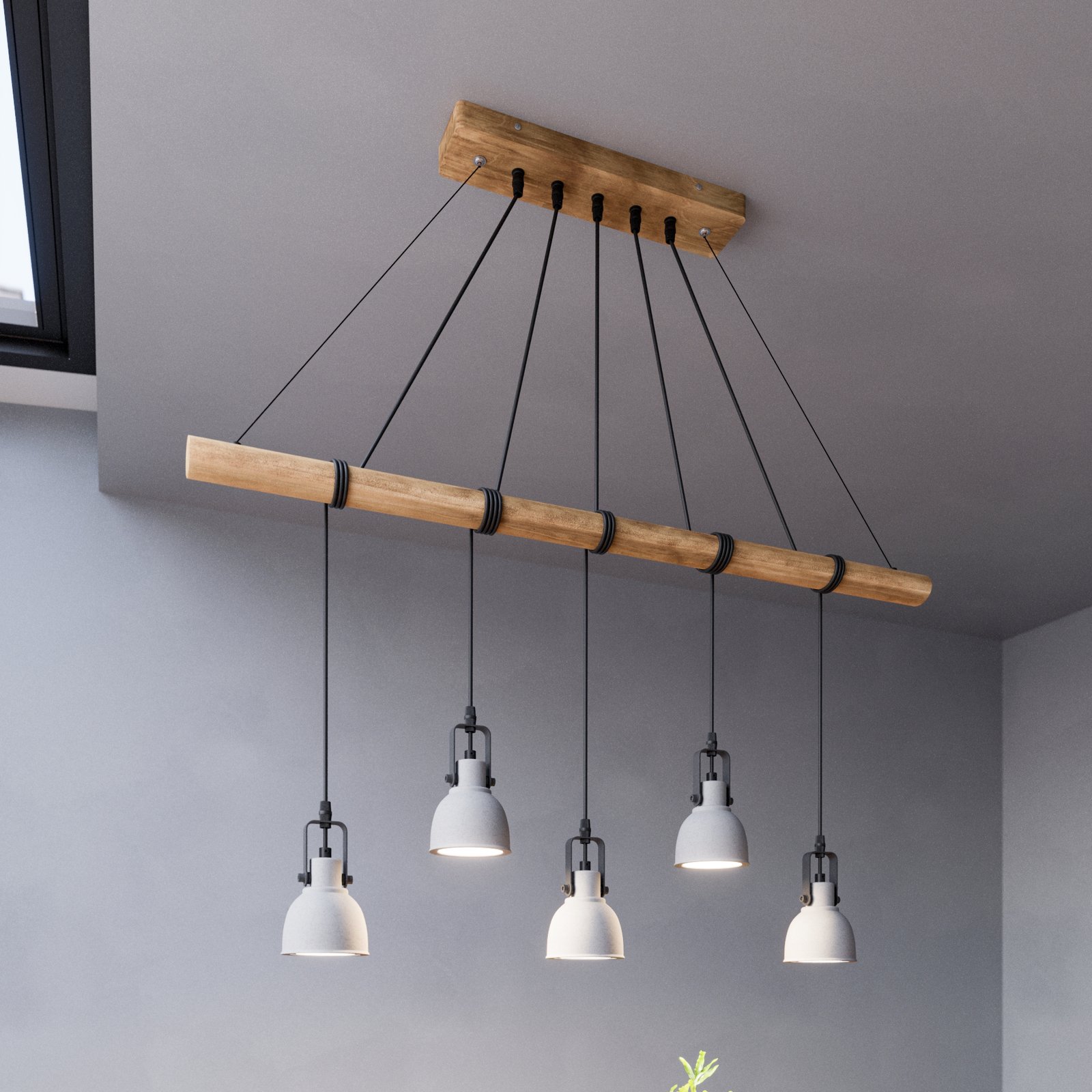 Lindby Mitis sospensione LED, cemento e legno