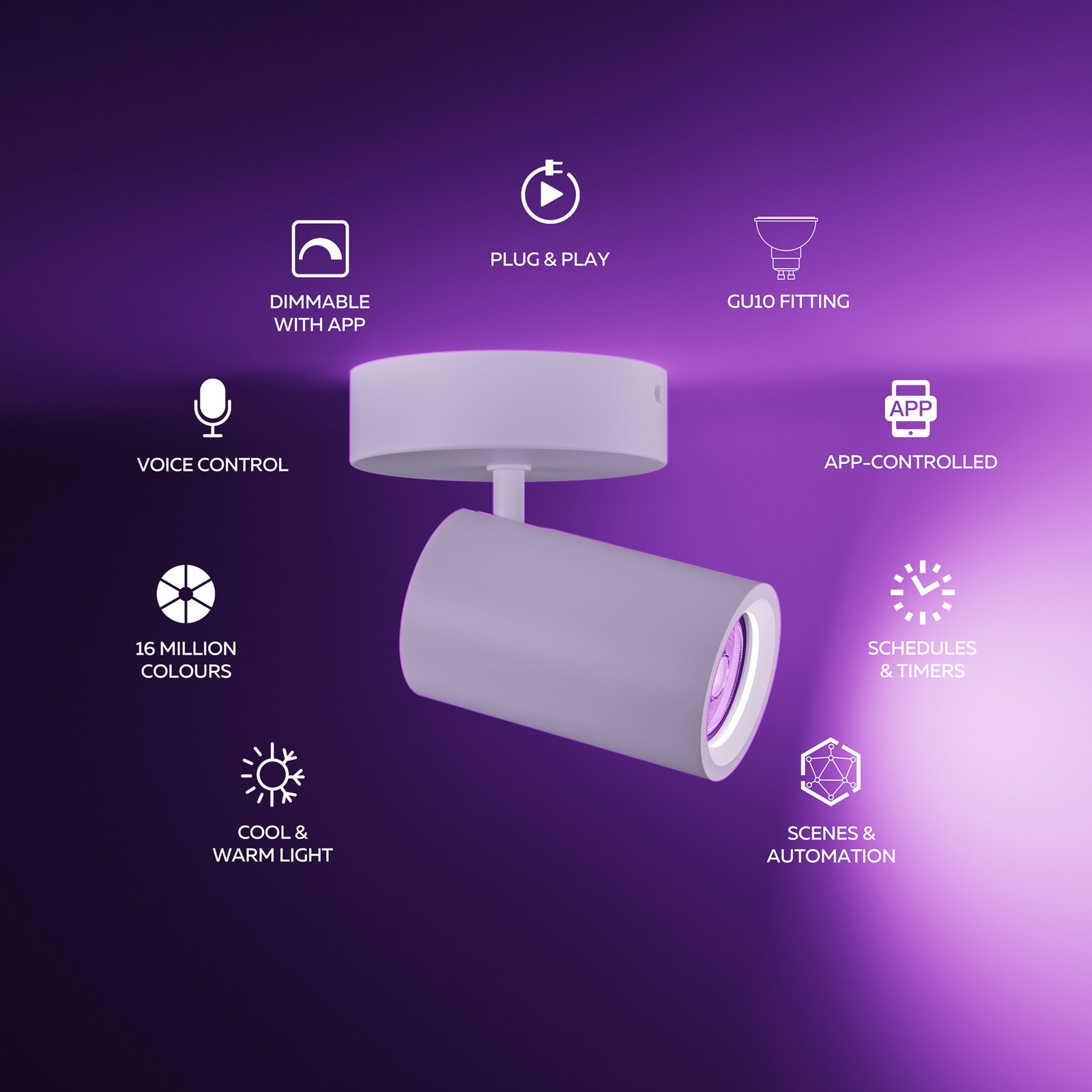 Calex Smart downlight, white, Ø 10 cm, 1-bulb, GU10 LED RGBW