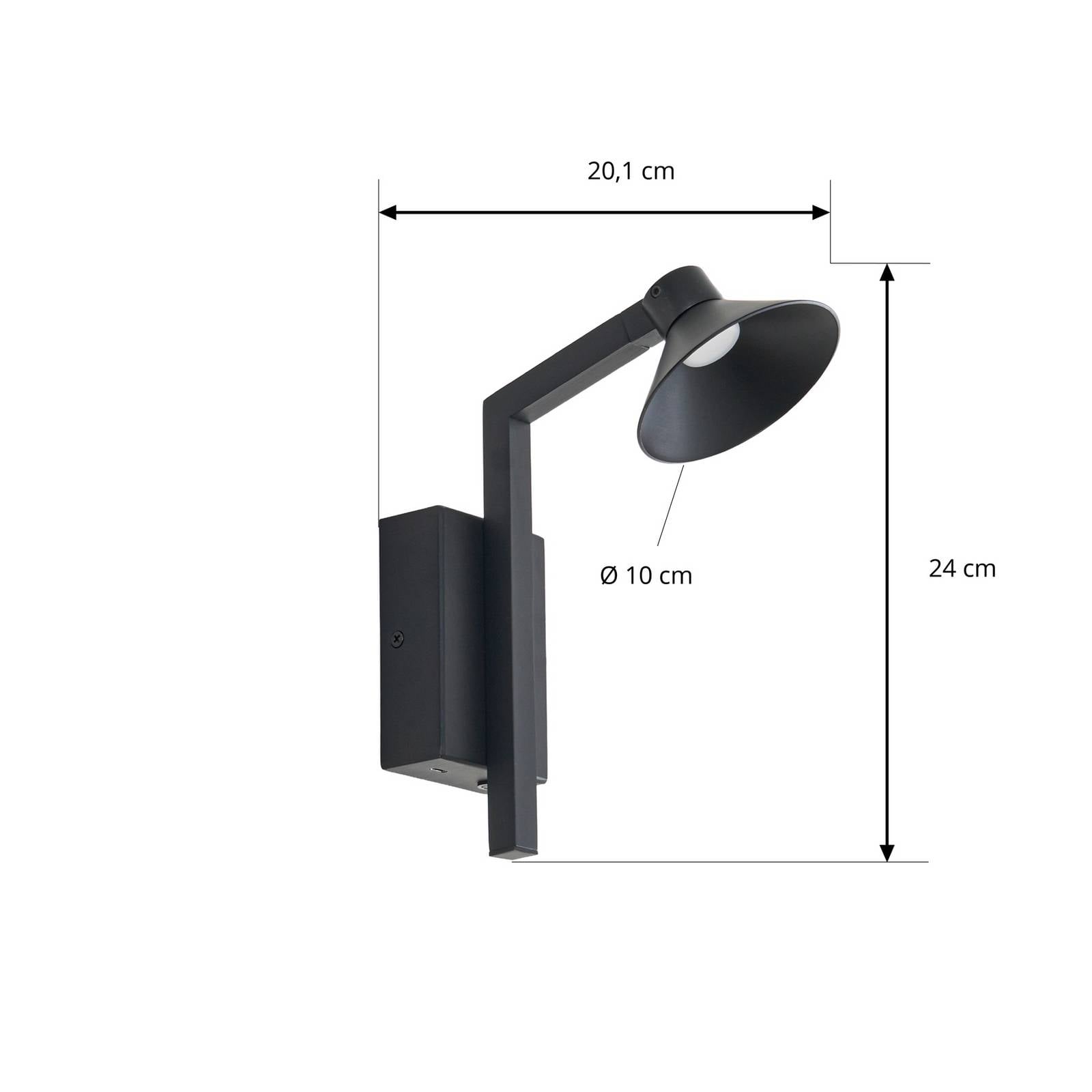 Kinkiet LED Lucande Steve, czarny, 24 cm, USB, ściemniany