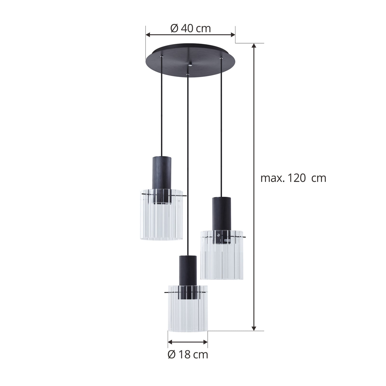 Lucande Suspension Eirian, Ø 40 cm, 3 lampes, noir, verre