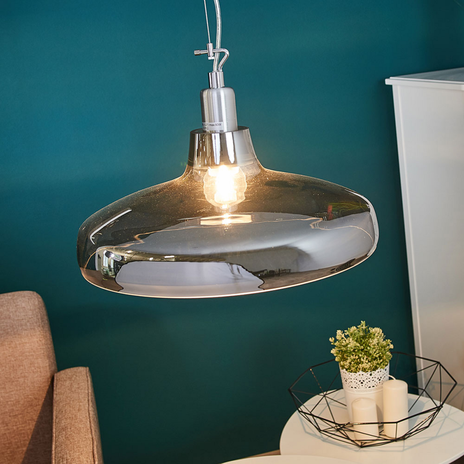 Trio Lighting Dover glass pendant light, smoke-grey, for Living / Dining Room, Glass, E27, 60 W, energy efficiency: A++
