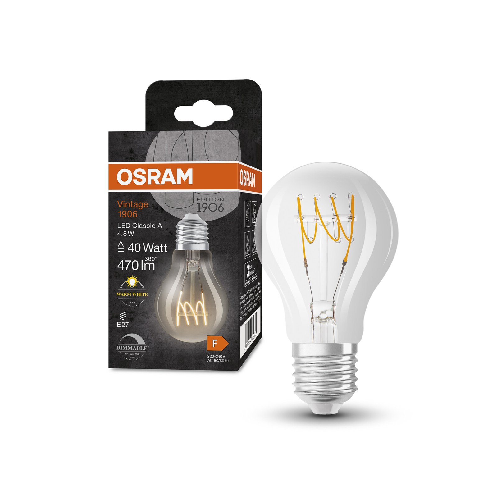 OSRAM Classic LED lamp E27 4,8W 827 filament dim