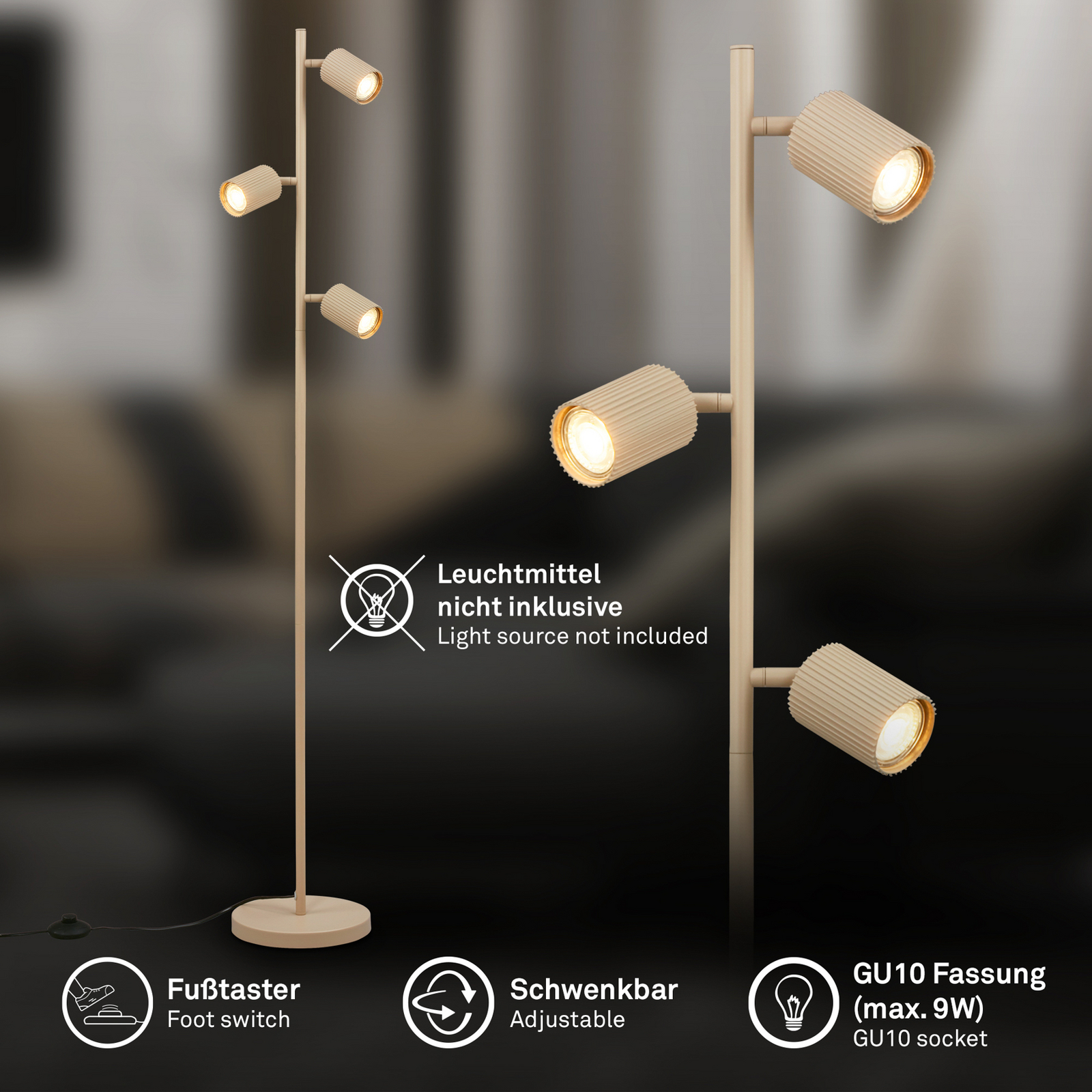 Lámpara de pie Ida, beige, 3 luces, altura 141 cm, GU10 Lámpara de pie Ida, beige, 3 luces, altura 141 cm, GU10