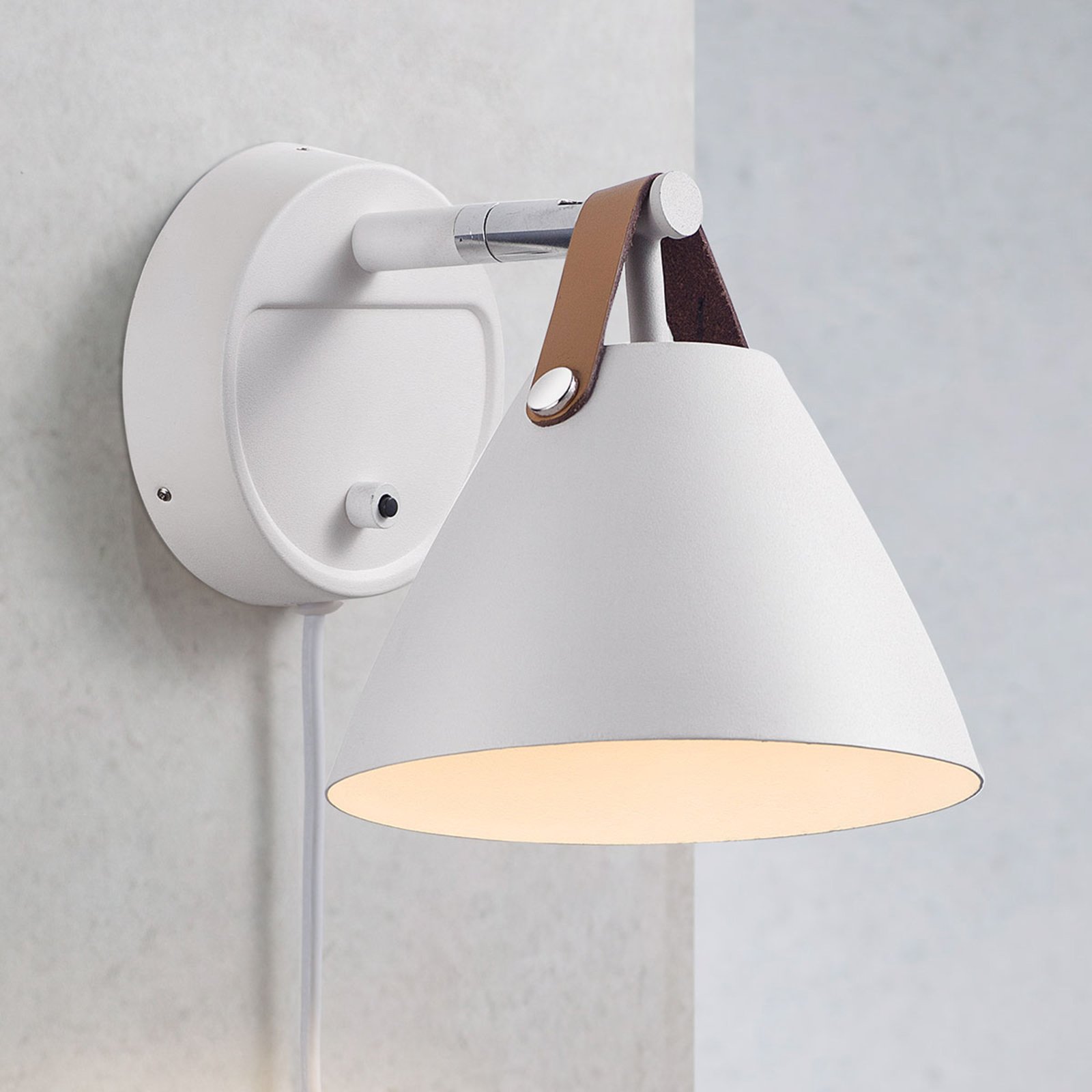 Strap wall light with a leather strap, white