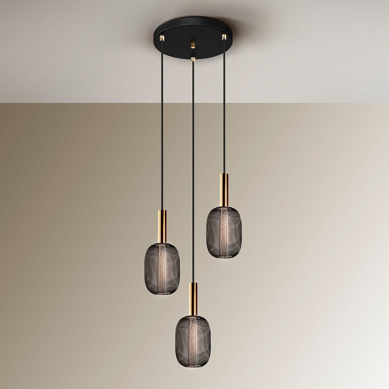Micron LED pendant light, 3-bulb, black, gold