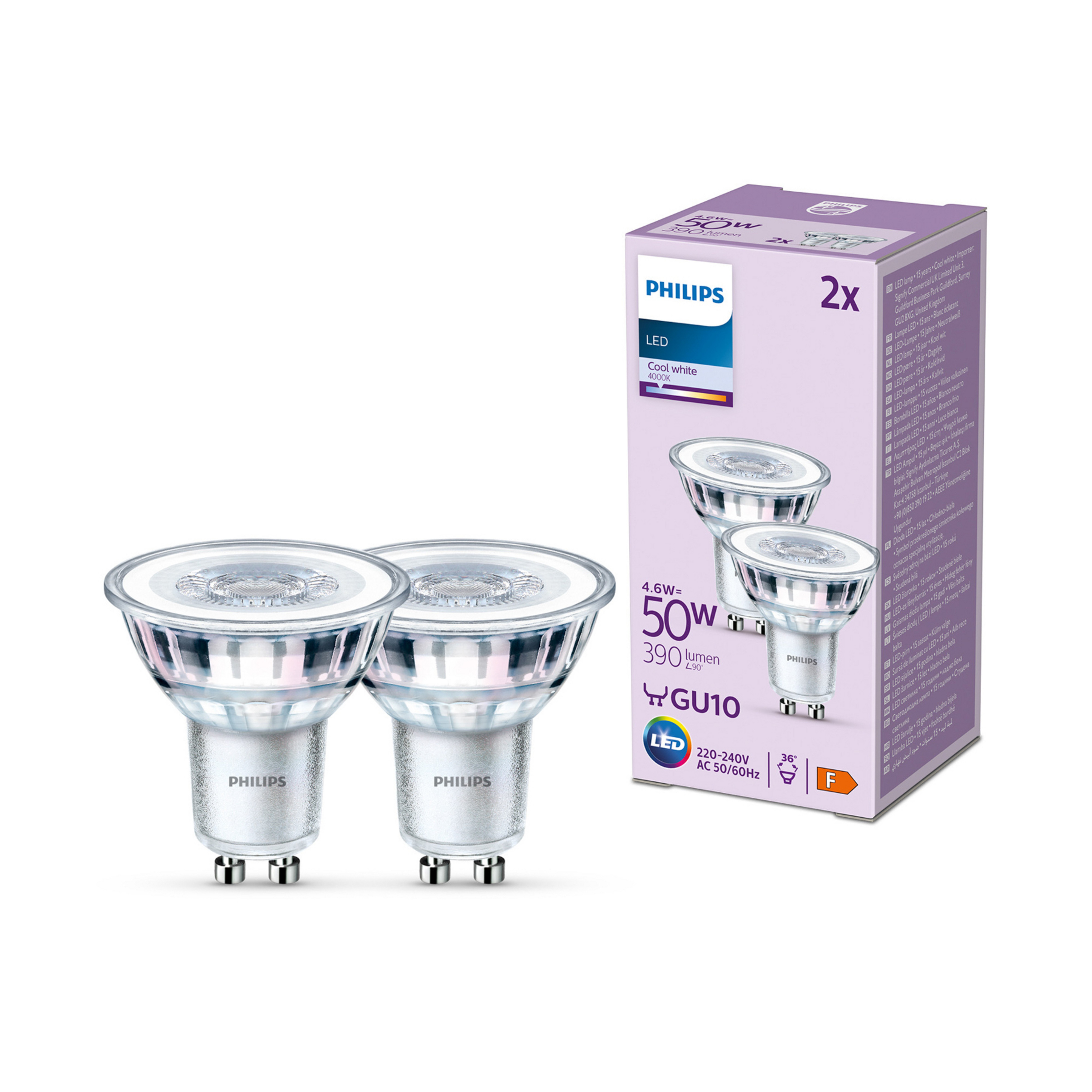 Philips LED-Lampe GU10 4,6W 390lm 840 klar 36° 2er