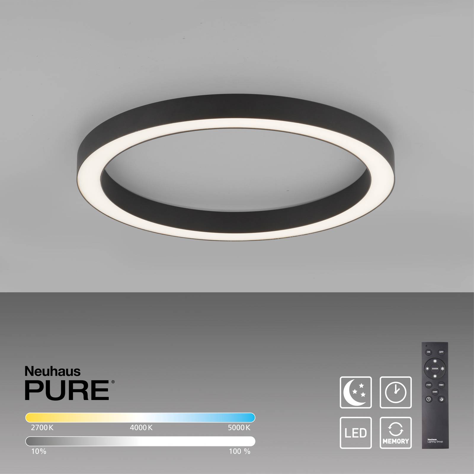 Lampa sufitowa LED PURE Lines, Ø 50 cm, antracyt, CCT, pilot