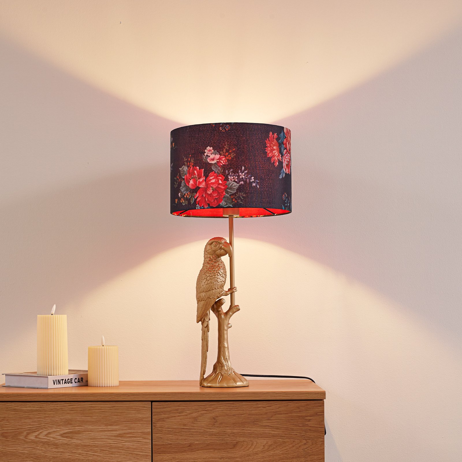 Marula table lamp, textile, E27, gold, floral print - Lindby