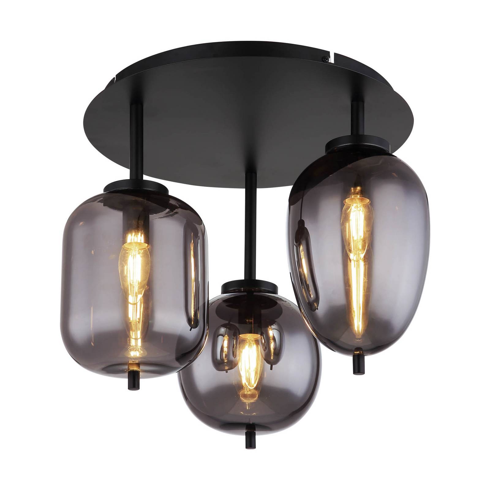 Deckenlampe Blacky, schwarz/rauchgrau, Ø 46 cm, Glas, 3-flg.