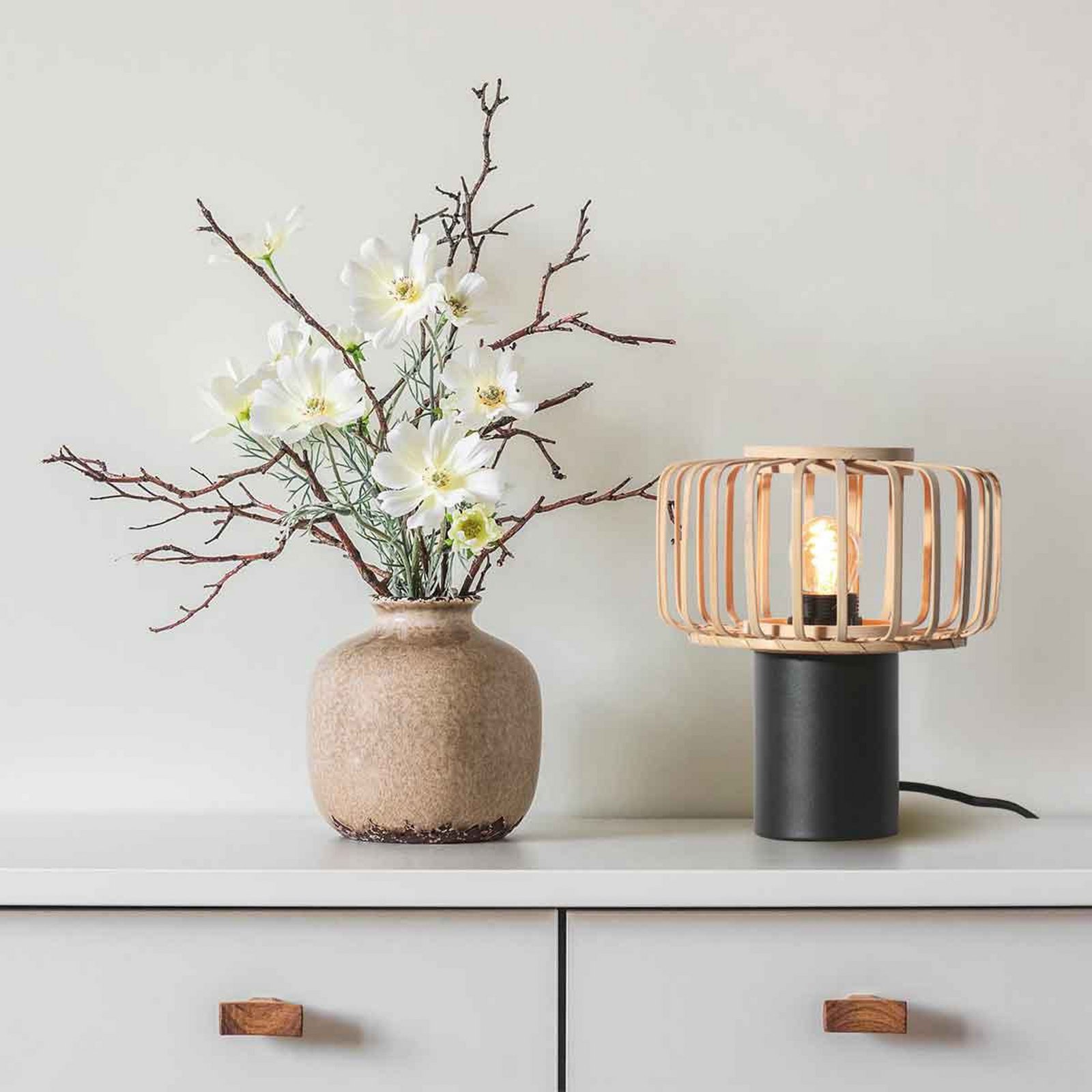 Bloeba table lamp, black/natural, metal, wood, E27