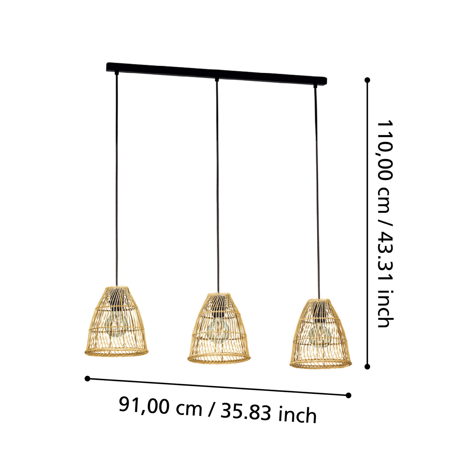 Ayesgarth lampă suspendată cu 3 abajururi ratan Ayesgarth lampă suspendată cu 3 abajururi ratan