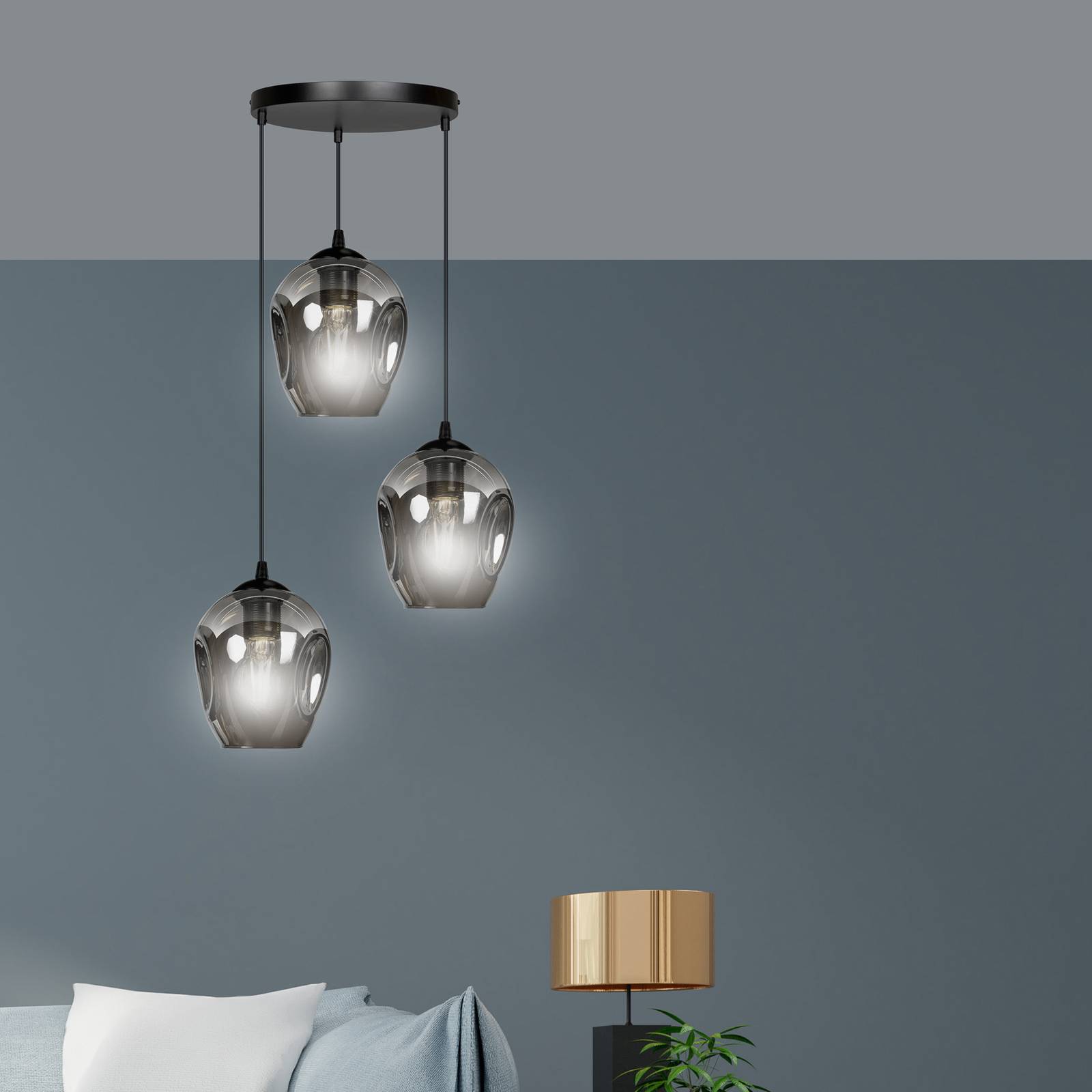 Suspension Starla ronde 3 lampes, verre graphite