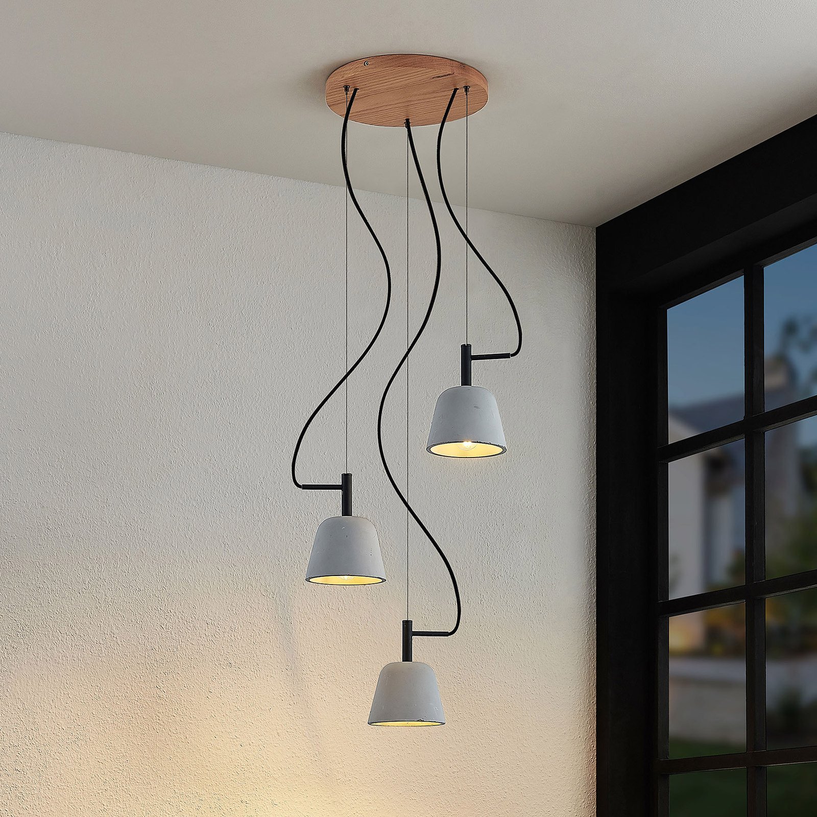 Lucande Otavis hanging light, concrete, 3-bulb