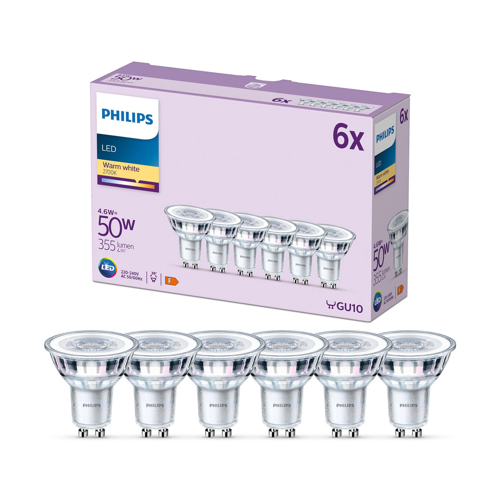 „Philips“ LED lemputės, GU10, 4,6 W, skaidrios, 2 700 K, 6 vnt. rinkinys