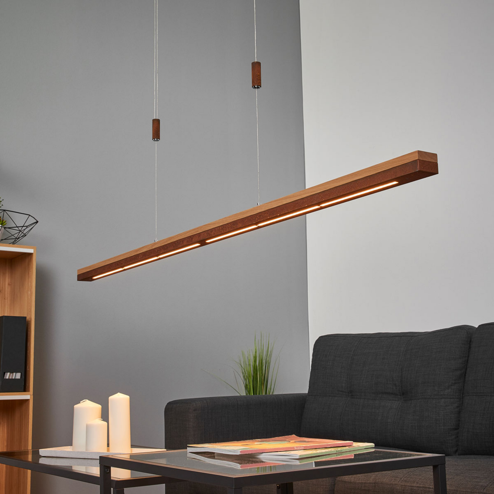 Lucande Solid wood and rust - Elna LED pendant light, for Living / Dining Room, oak, aluminium, steel, brass, 30 W, energy efficiency: A+, L: 158 cm, W: 5 cm, H: 3.7 cm