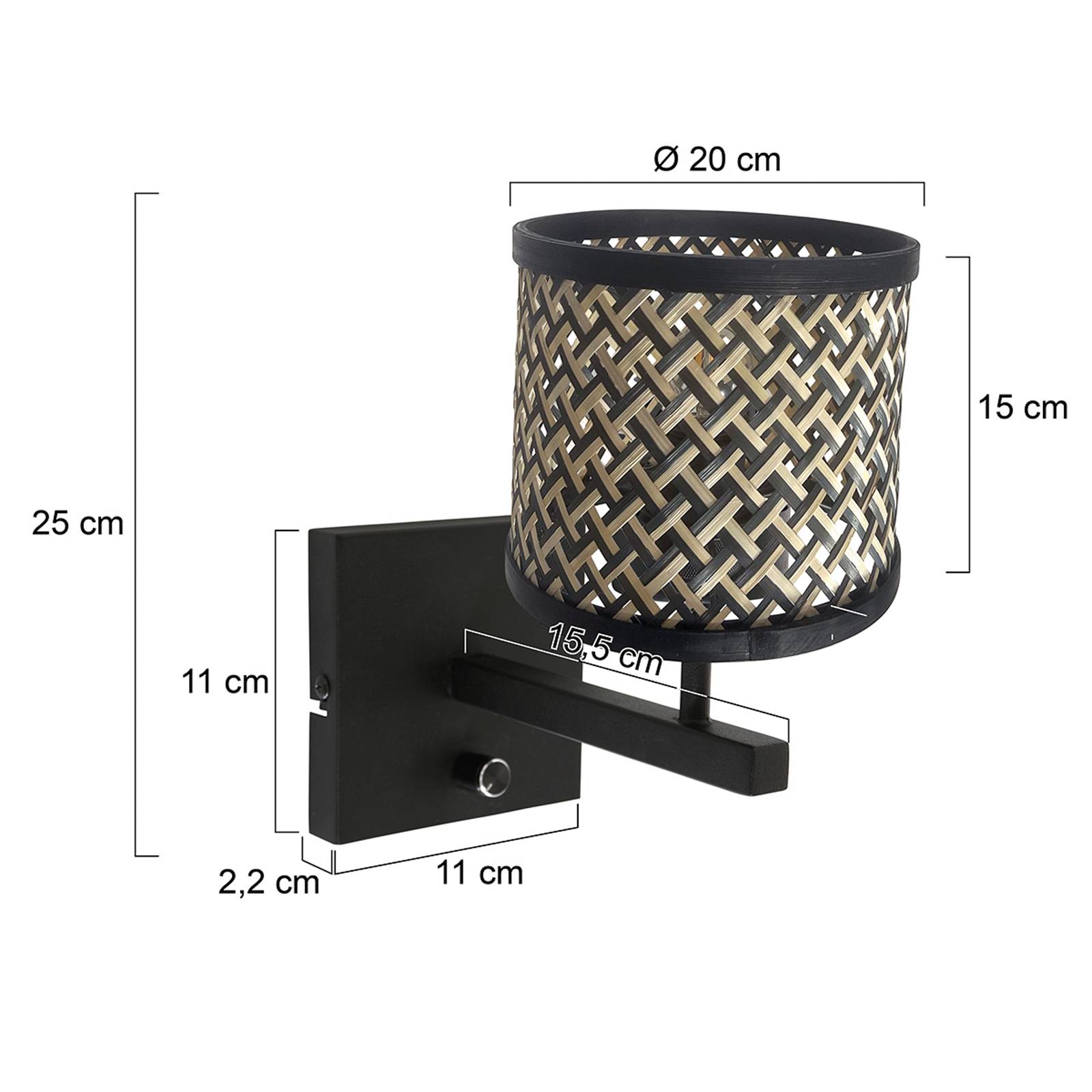 Væglampe Stang 3709ZW sort/naturligt fletværk