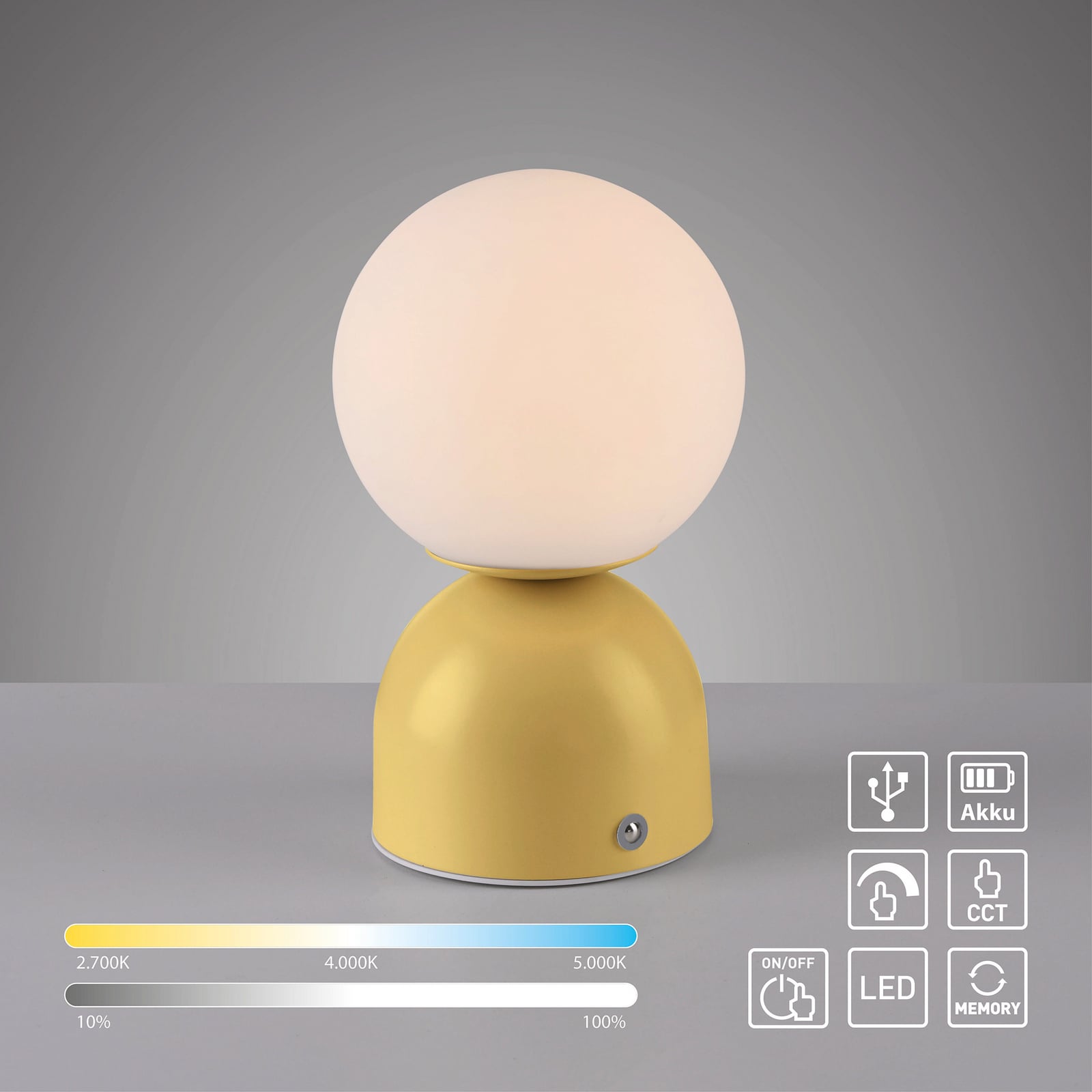 LED-akutoitel laualamp RUDI, kollane, kõrgus 20 cm, CCT, puutetundlik hämardus