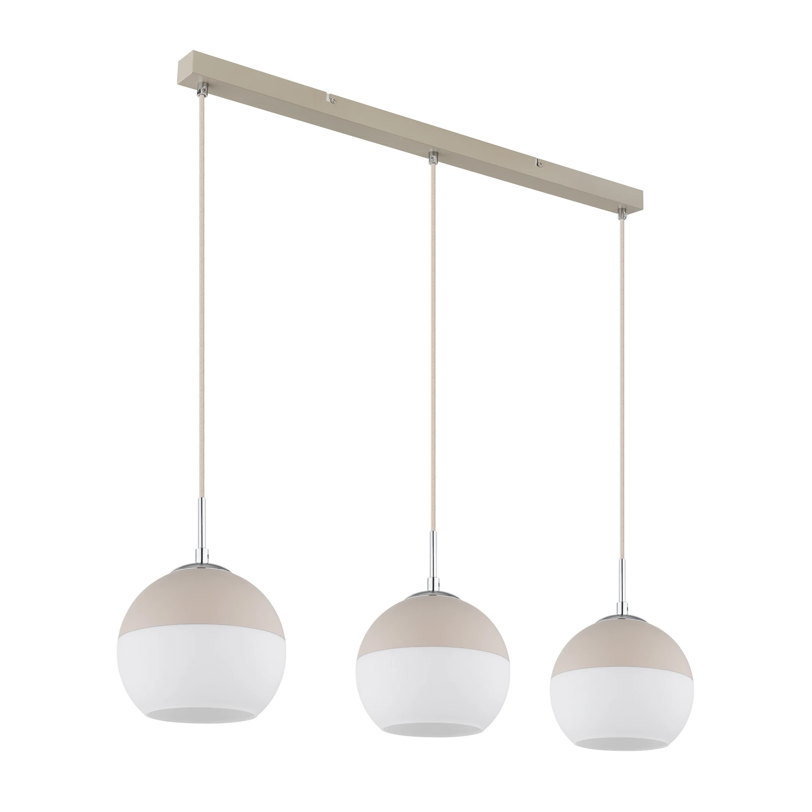 Lámpara colgante Ragusa, longitud 90 cm, color arena/cromo, metal, 3 luces.