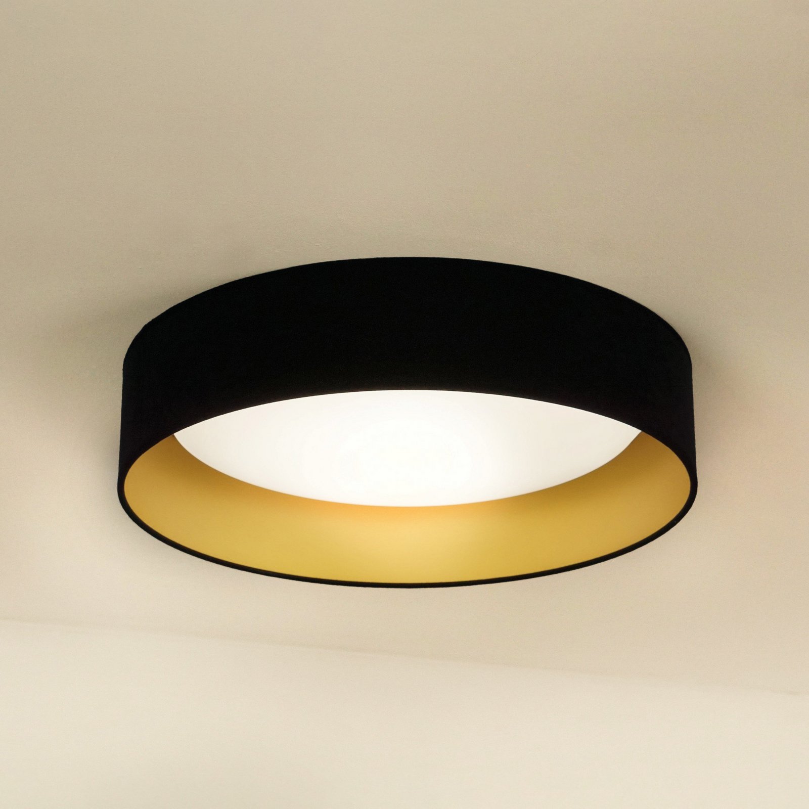 LED griestu gaismeklis Plafond, samts, melns/zelts, Ø 45 cm, 3 pakāpju