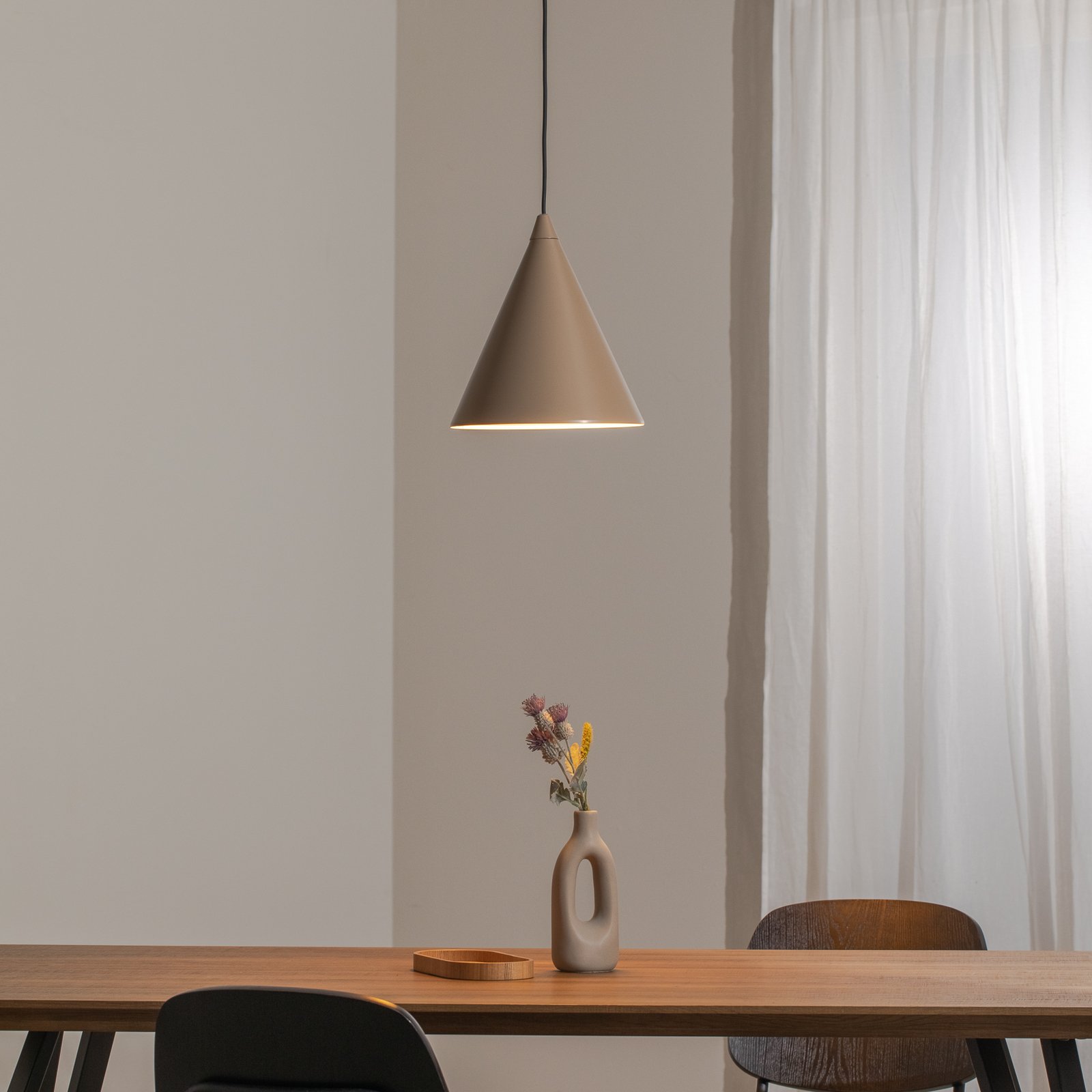 Pendant light, beige, metal, cone-shaped, 1-bulb, E27