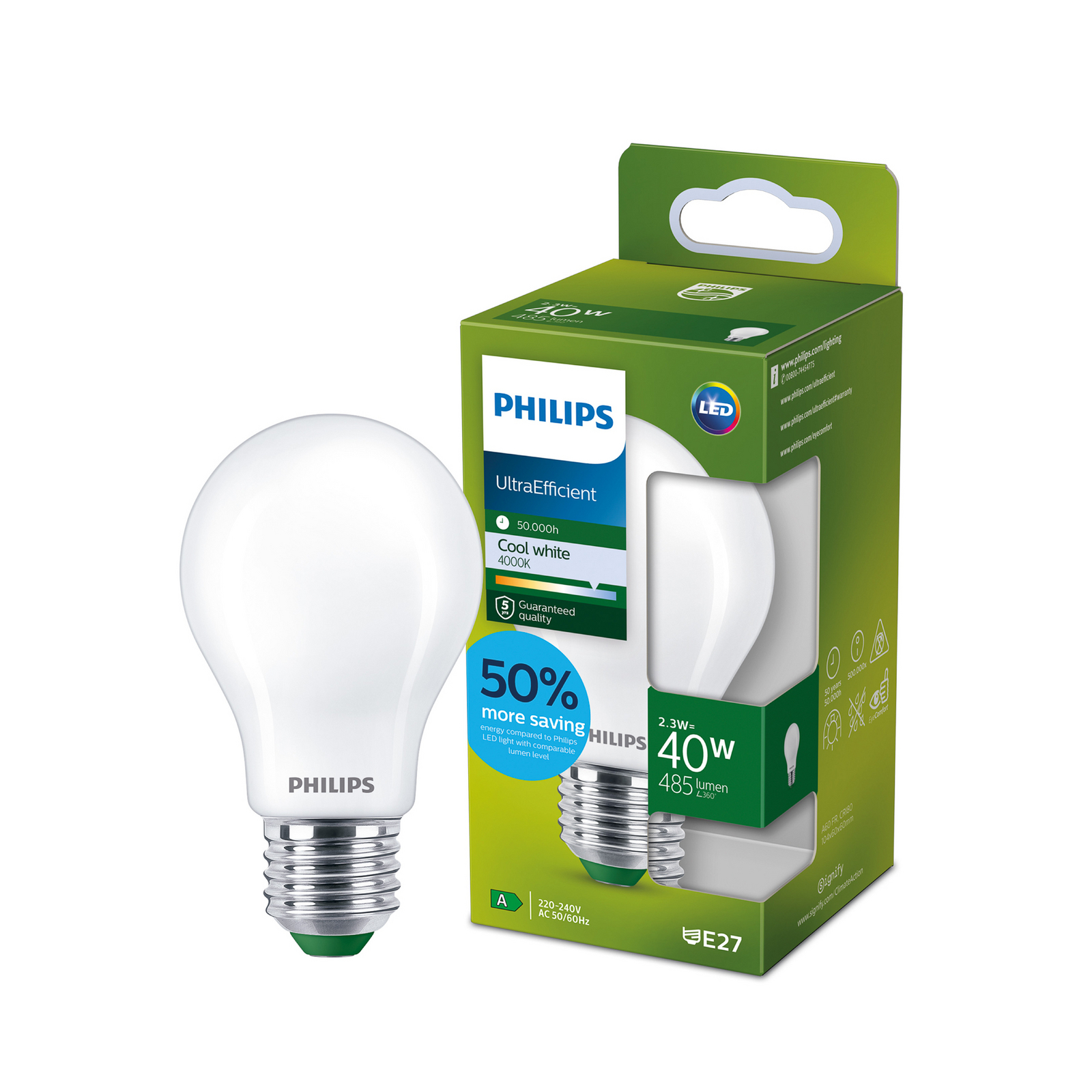 Philips E27 LED bulb A60 2.3W 485lm 4,000K matt