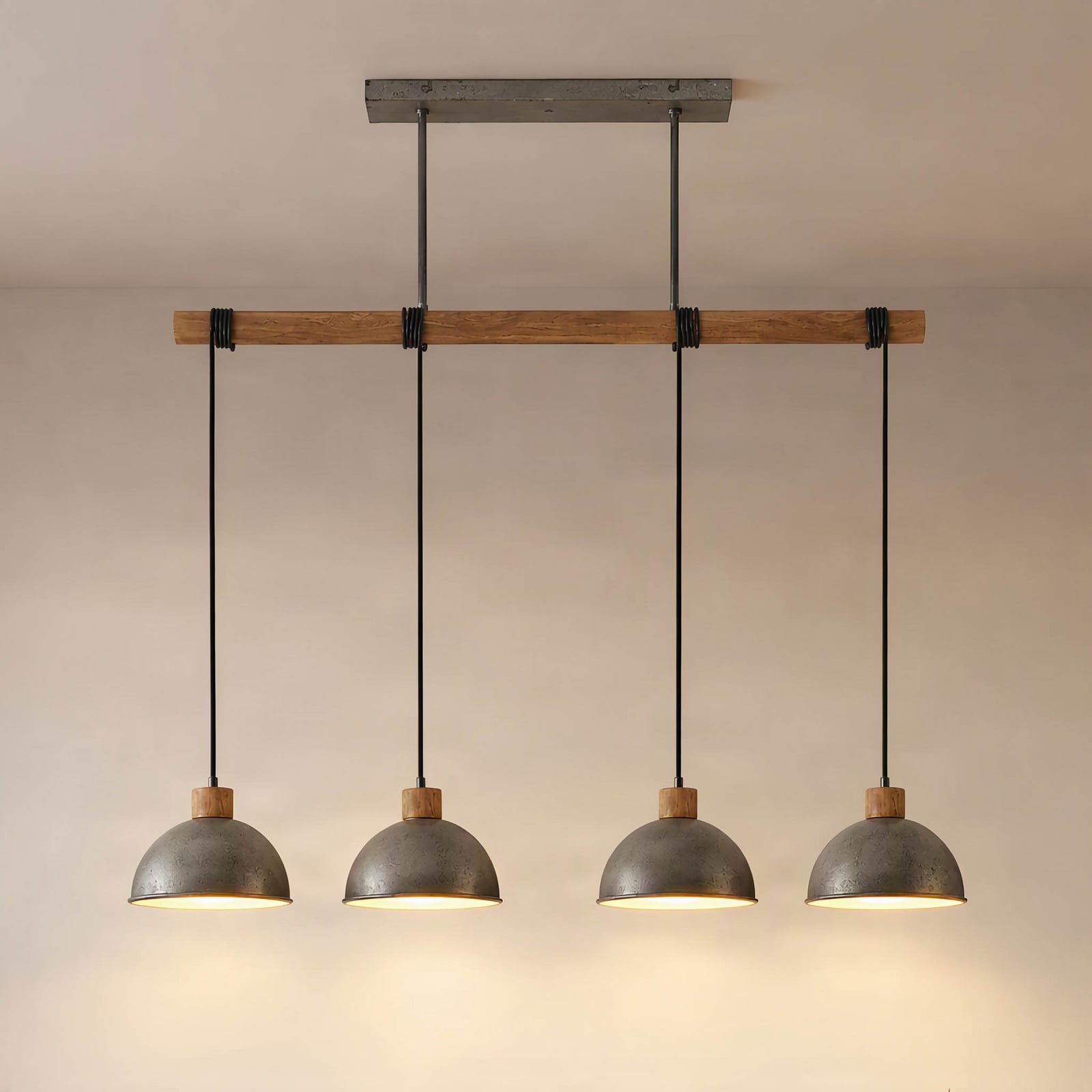 Lindby suspension Durbis, 116 cm, 4 lampes, gris, bois, E27
